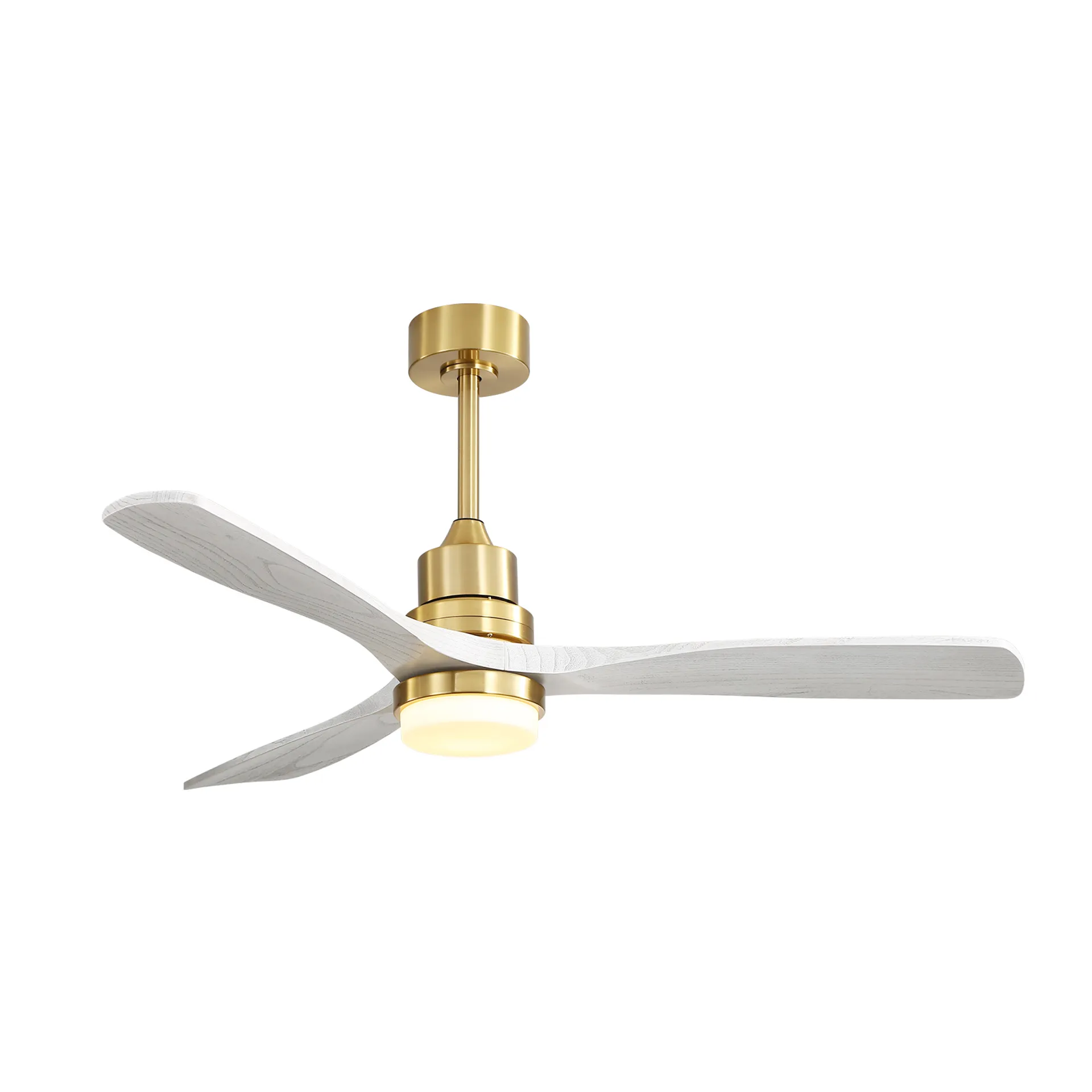 Modern brass ceiling fan with three white wooden blades and integrated LED light