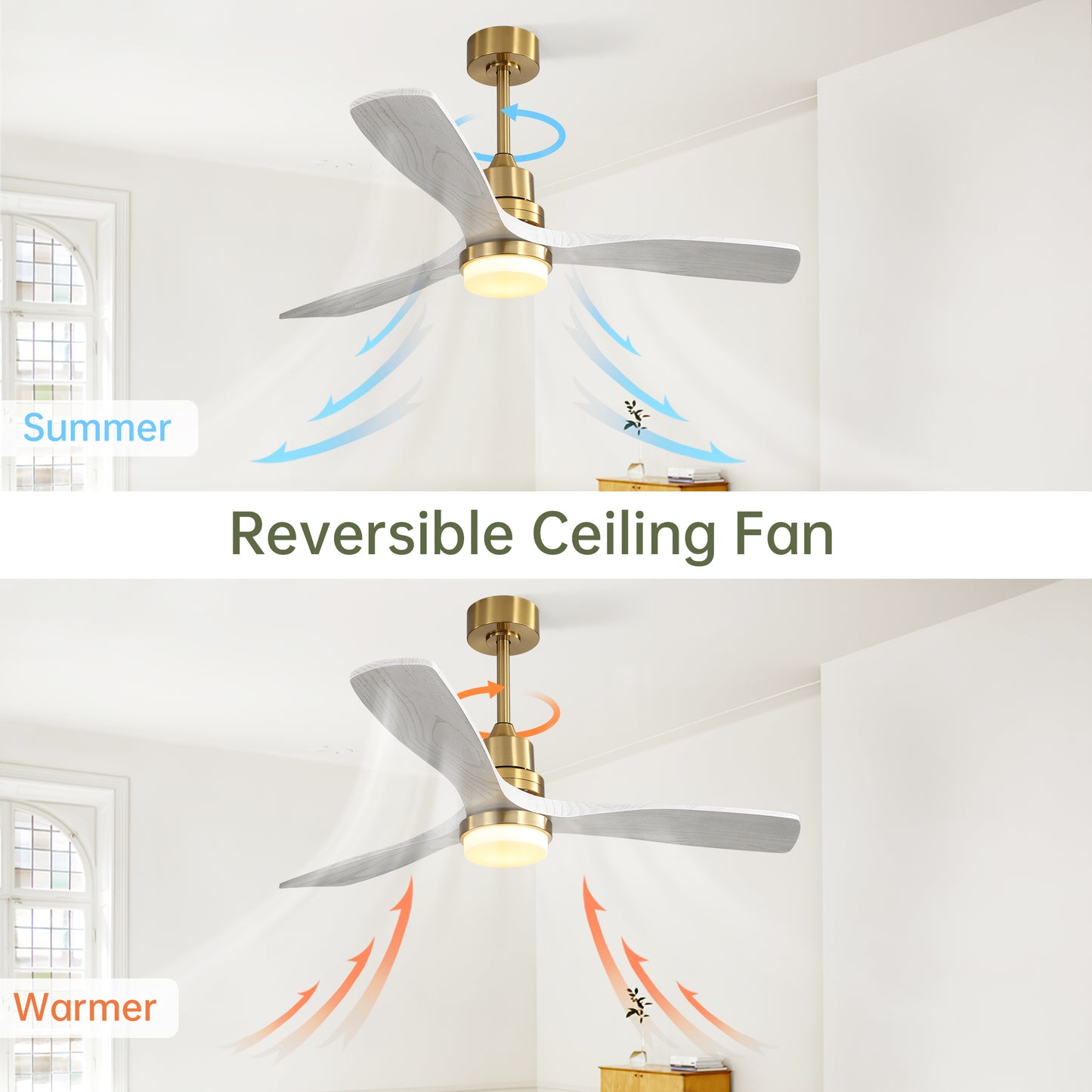 Modern brass and wood reversible ceiling fan with integrated light for summer cooling
