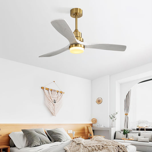 Modern brass ceiling fan with light and white washed wood blades