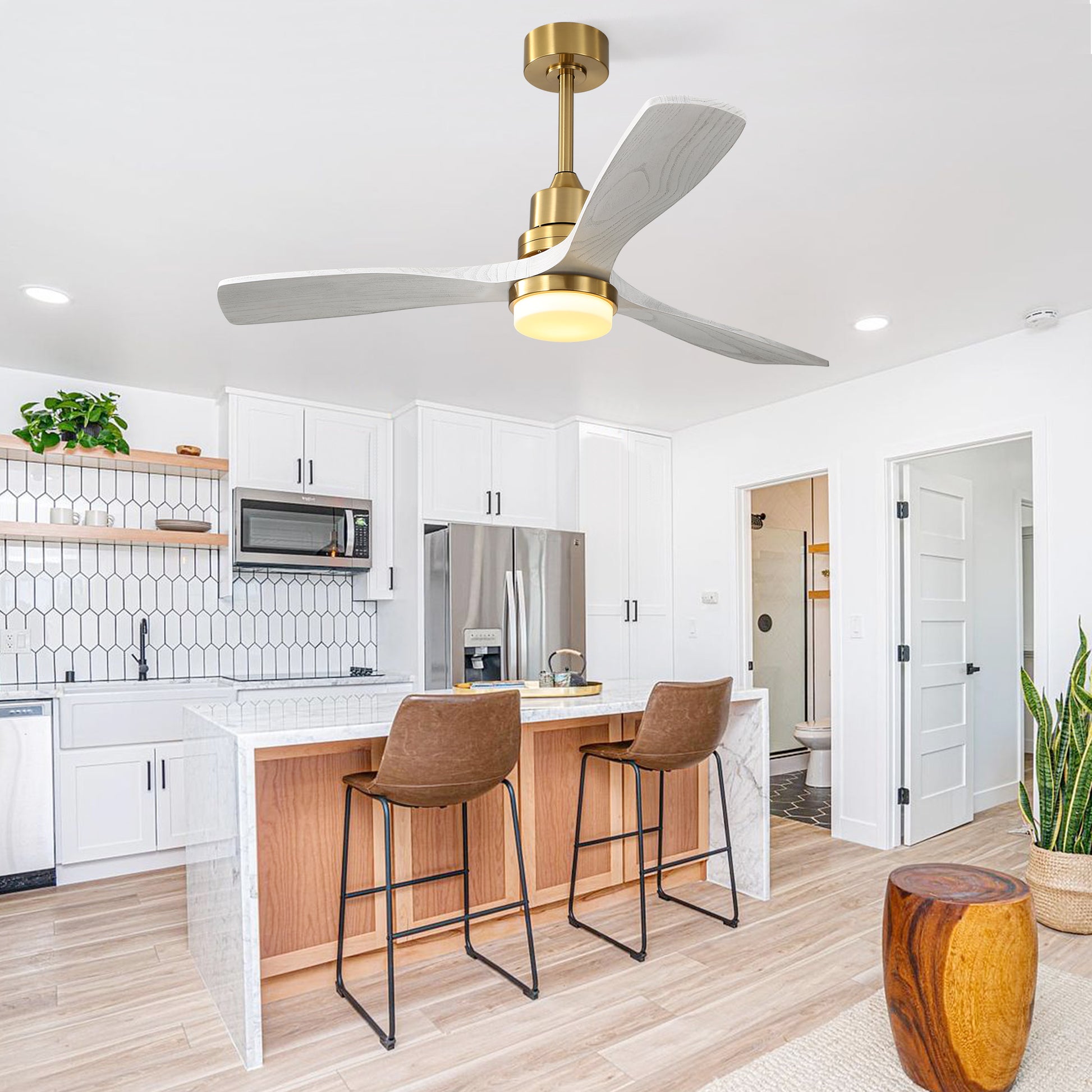 Modern brass ceiling fan with light and whitewash wood blades