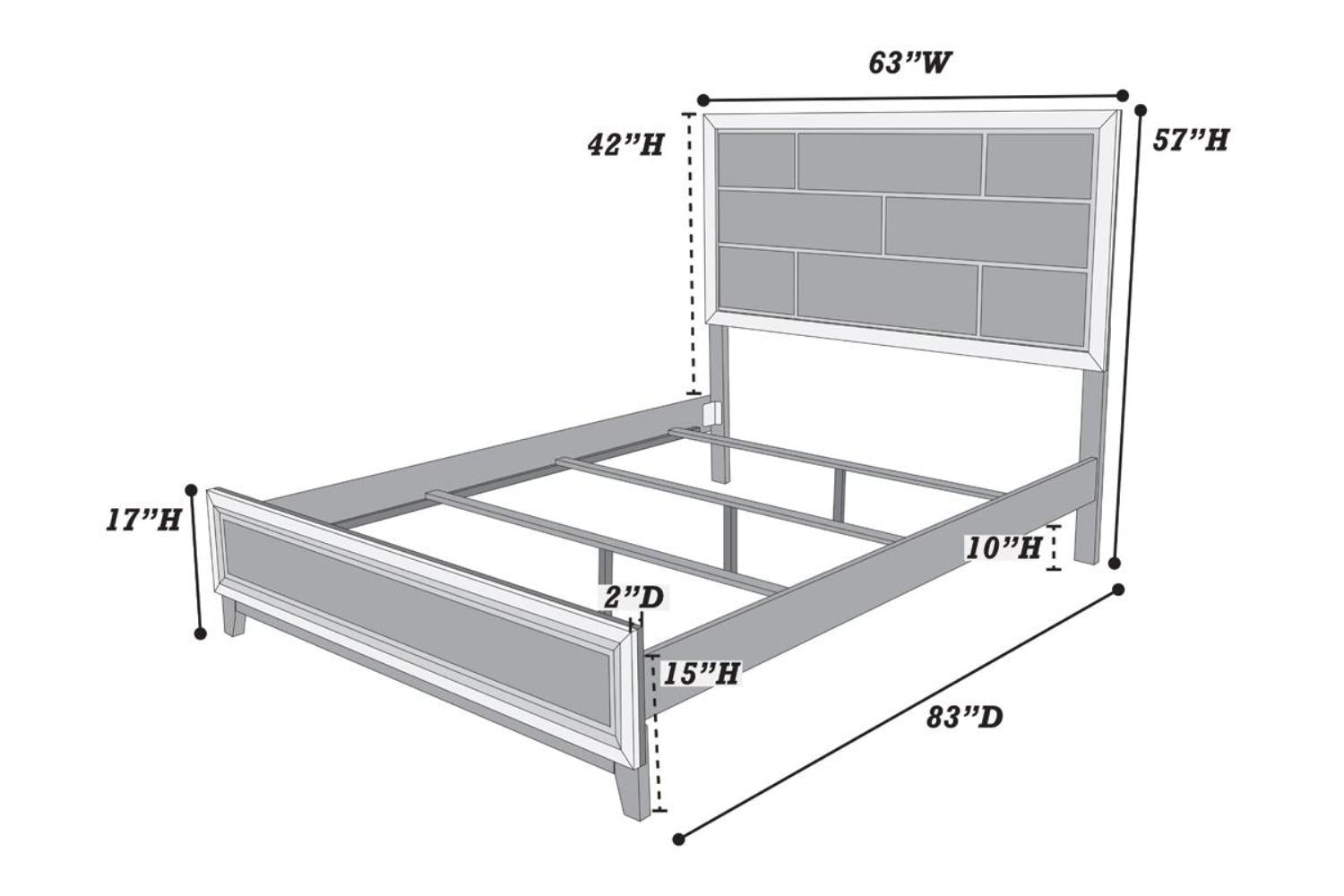 Gray platform bed frame with paneled headboard and precise dimensions
