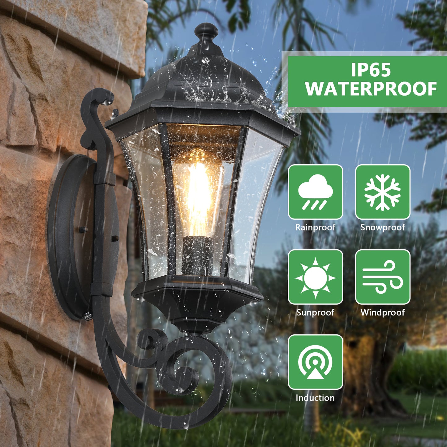 Black metal outdoor wall lantern with traditional design IP waterproof rating