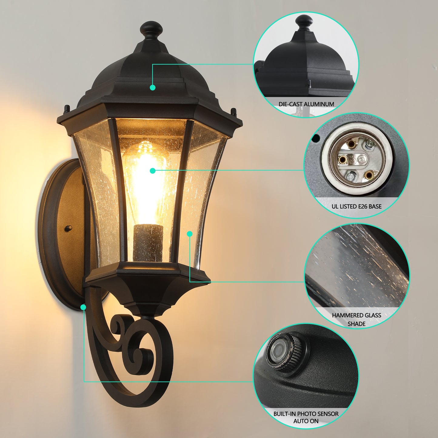 Black diecast aluminum outdoor wall lantern with hammered seeded glass shade