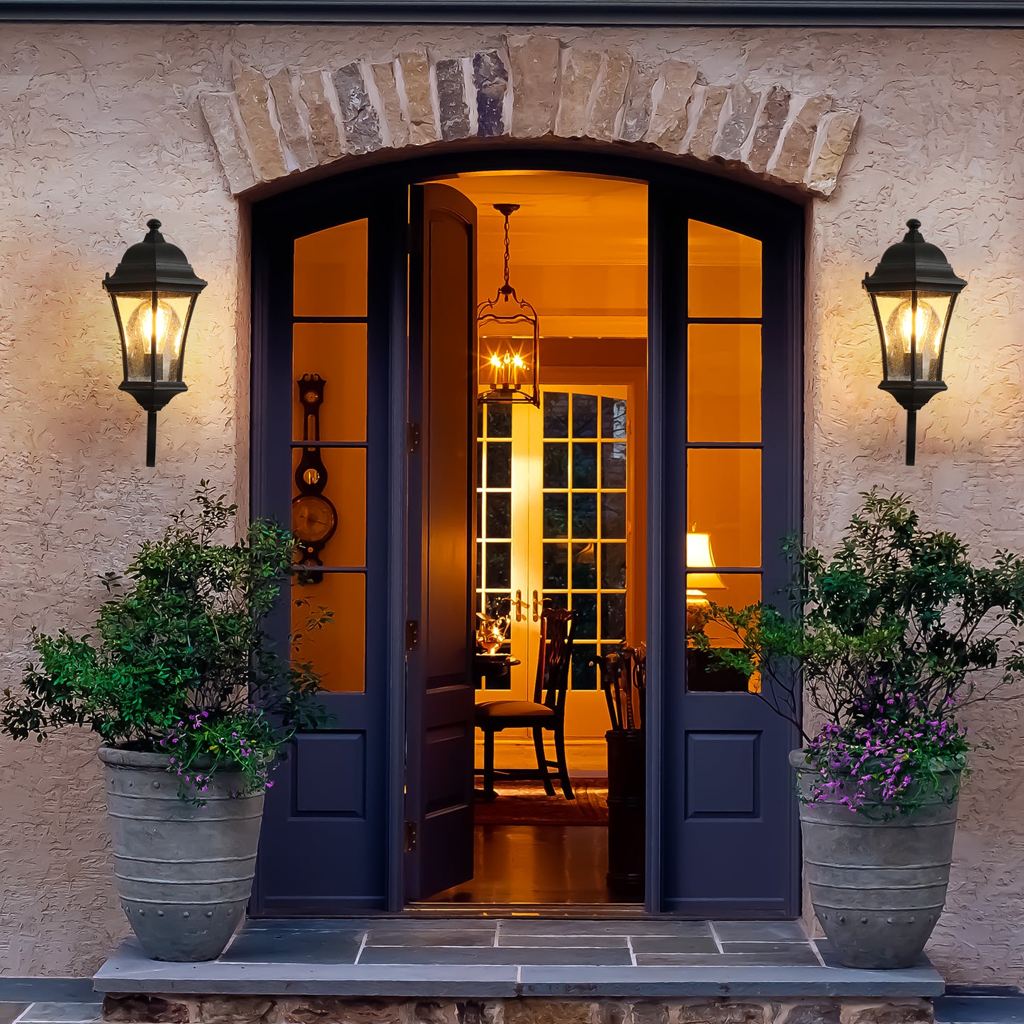 Classic black outdoor wall lantern with seeded glass and traditional design enhancing home curb appeal