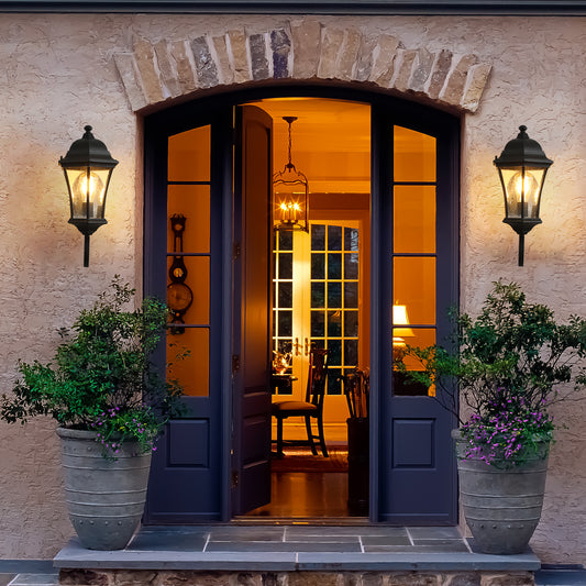 Classic black outdoor wall lantern with seeded glass and traditional design enhancing home curb appeal