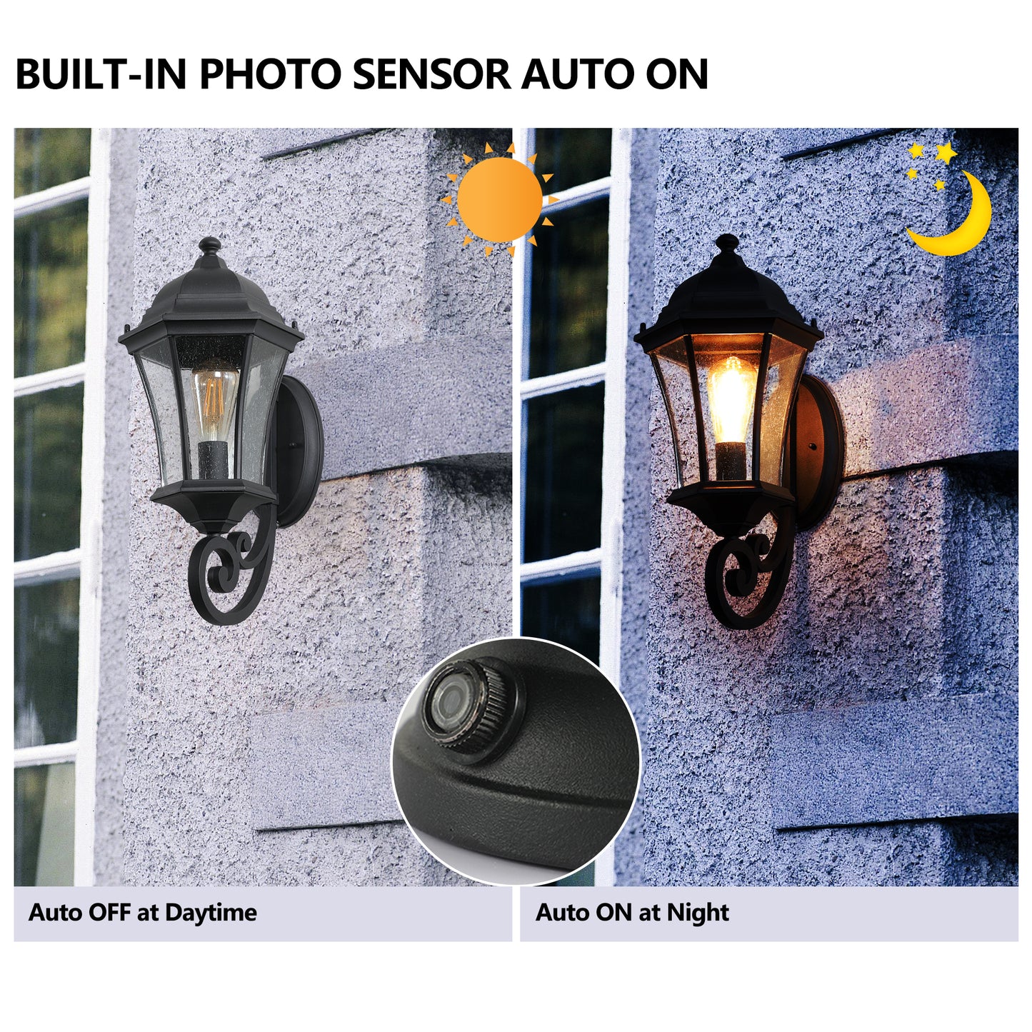 Black outdoor lantern with builtin photo sensor automatic ON at night
