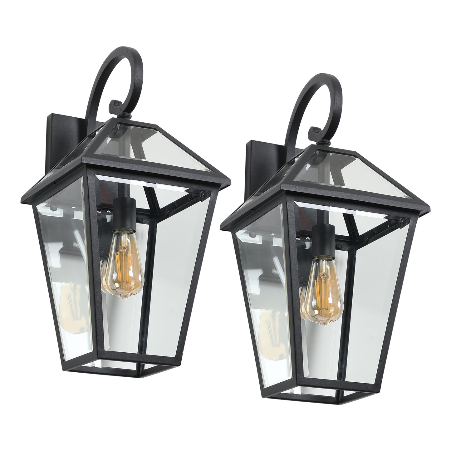 Black wrought iron lantern with clear glass panels and exposed Edison bulb