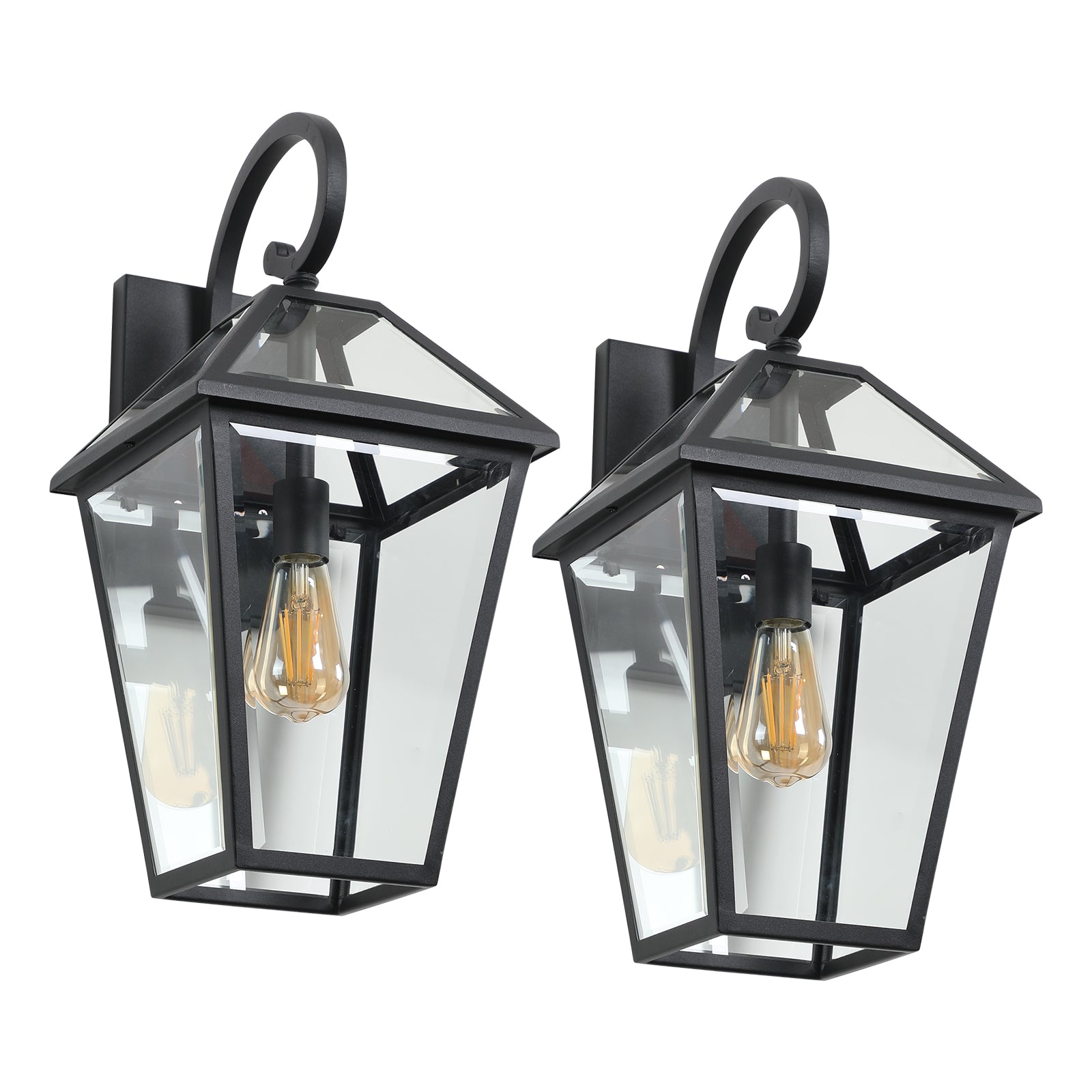 Black wrought iron lantern with clear glass panels and exposed Edison bulb
