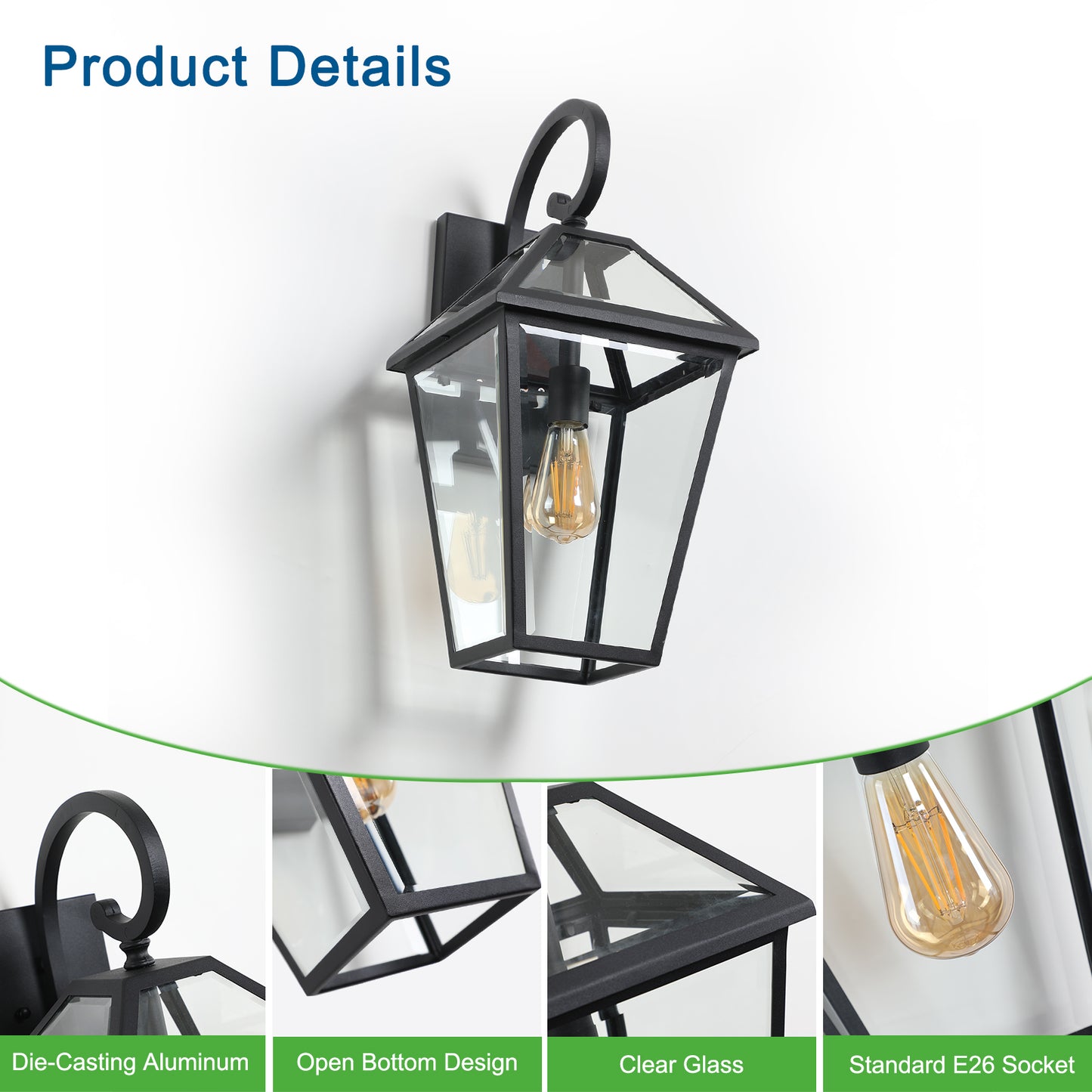 Black diecast aluminum outdoor wall lantern with clear glass panels and an Edison bulb