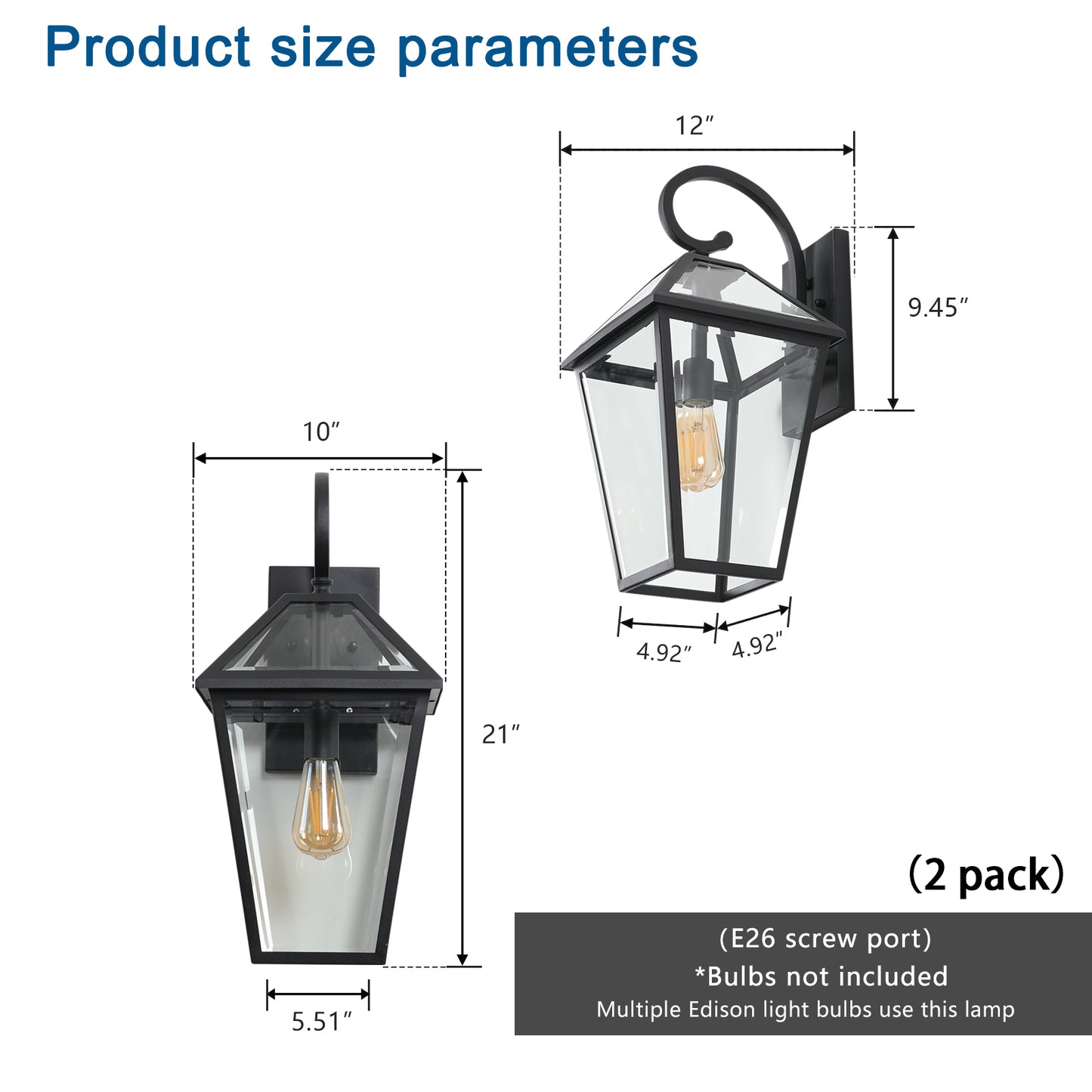 Black metal outdoor wall lantern with clear glass panels  height