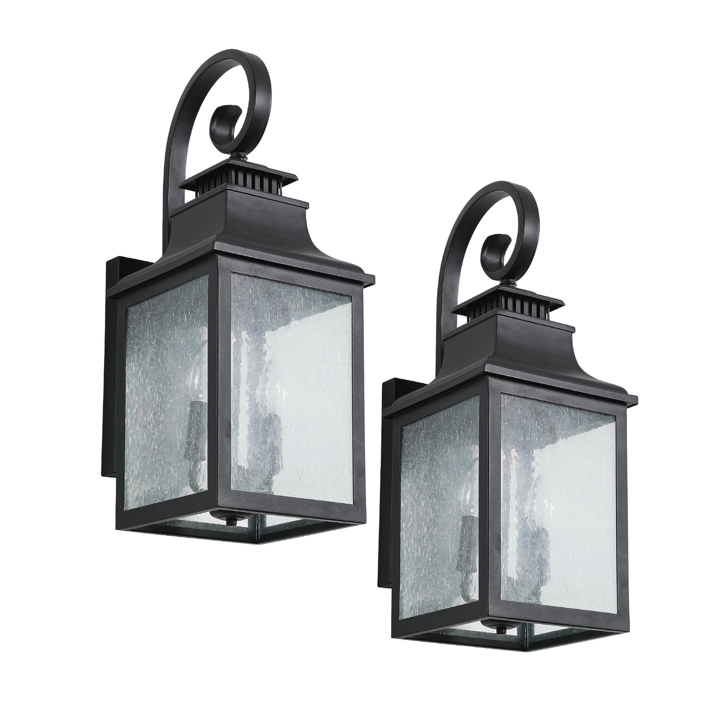 Pair of black metal outdoor wall lights with seeded glass panels and scroll details