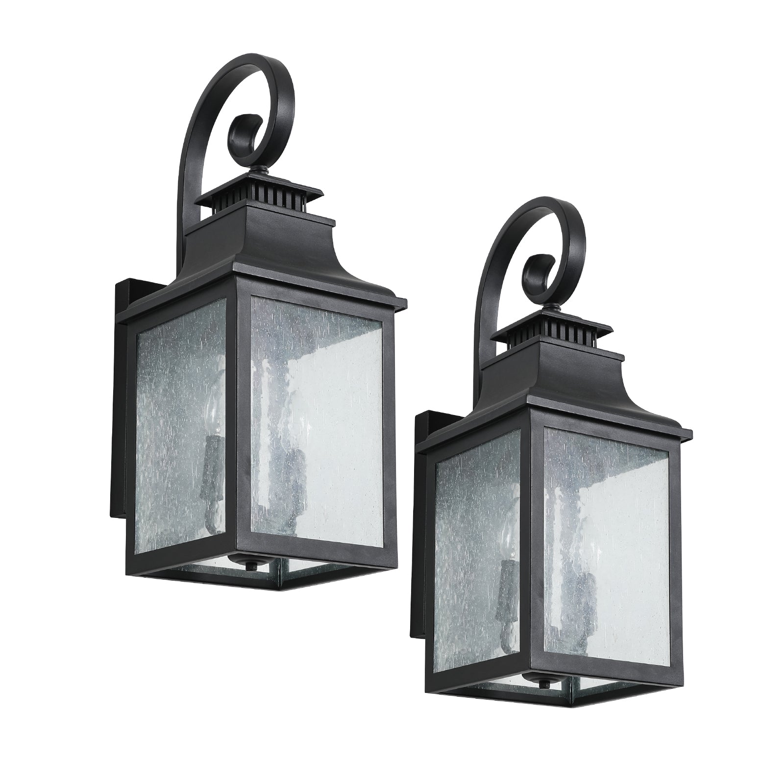 Pair of black metal outdoor wall lights with seeded glass panels and scroll details