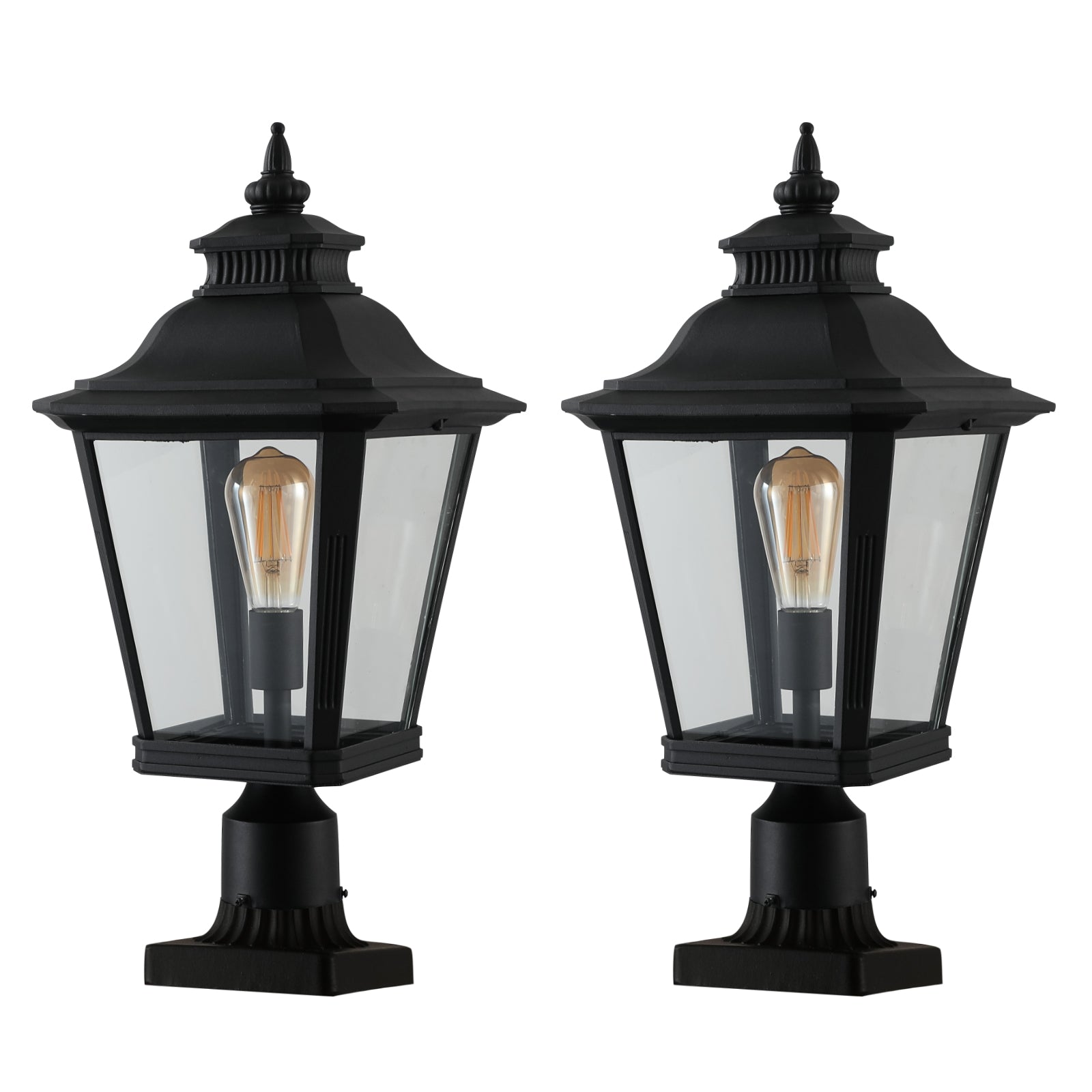 Two black traditional post mount lanterns with clear glass and Edison bulbs
