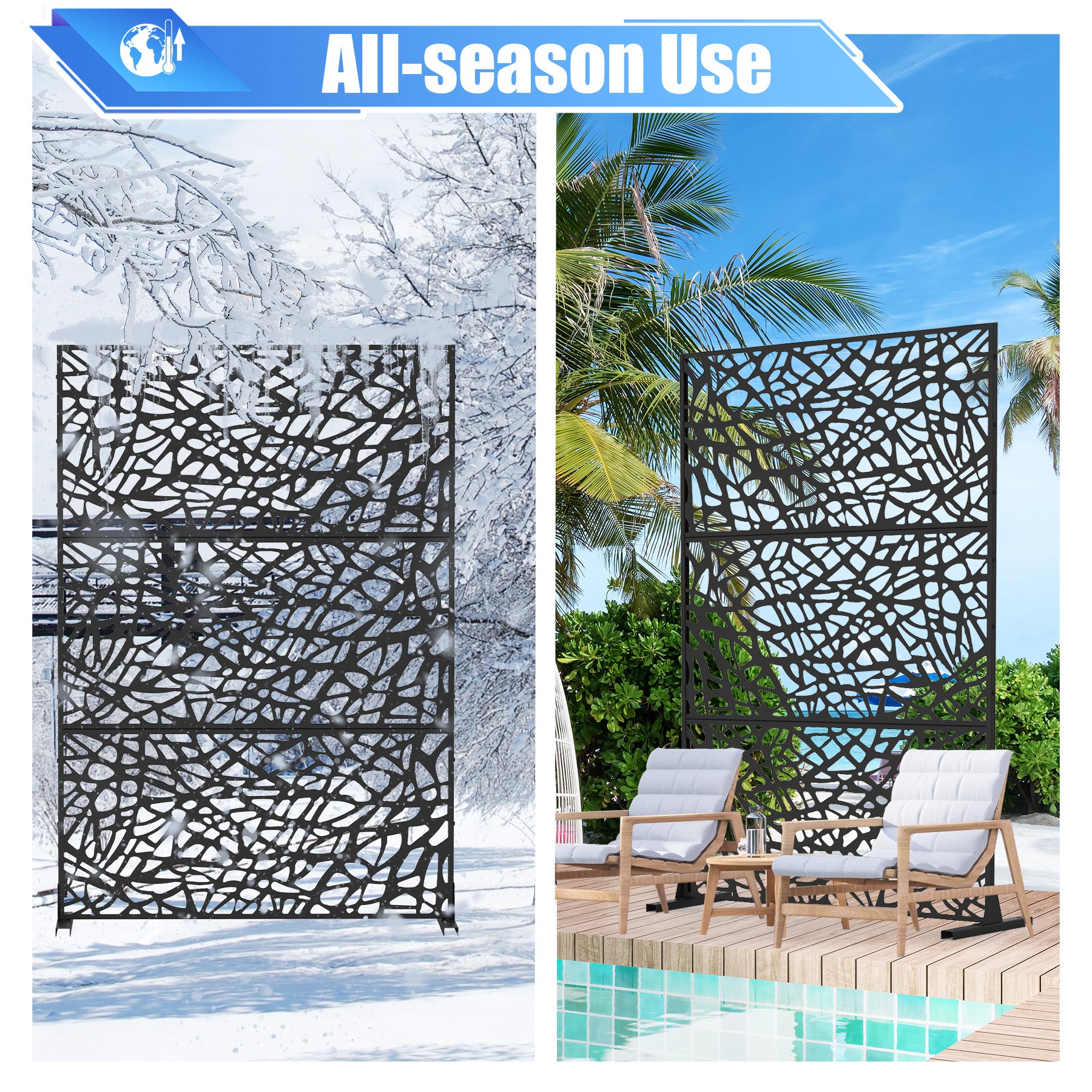 Black metal garden privacy screen with an organic vinelike lasercut pattern