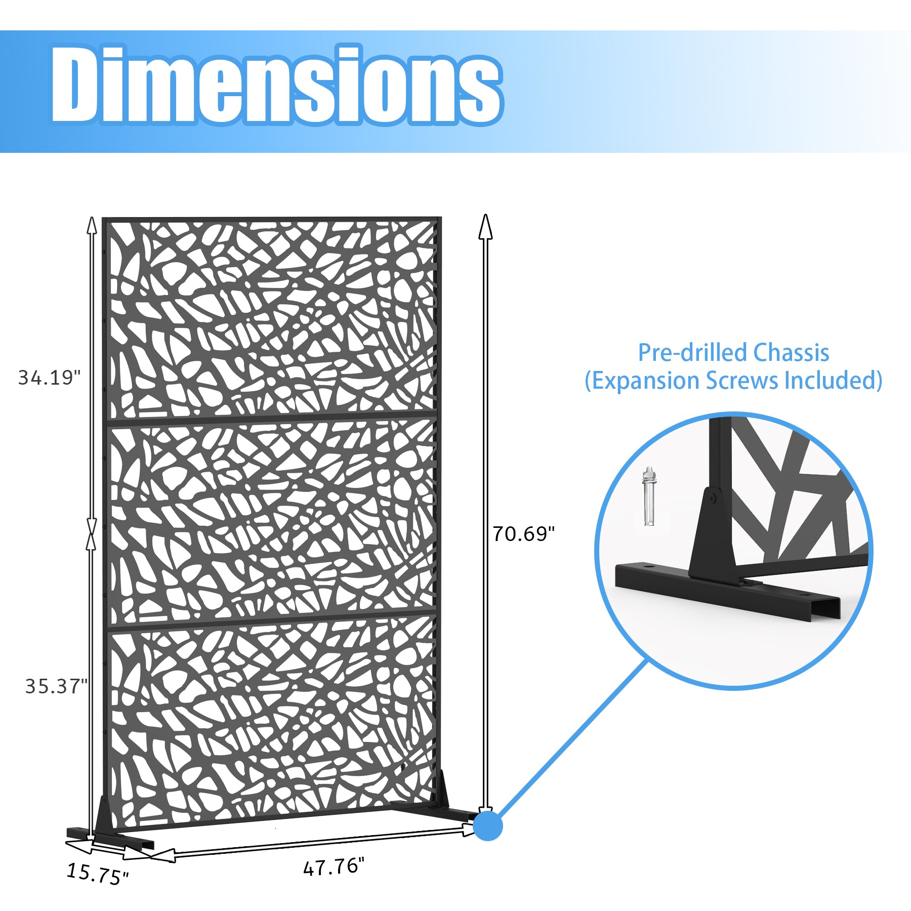 Black metal decorative garden screen with abstract vine pattern  H x  W