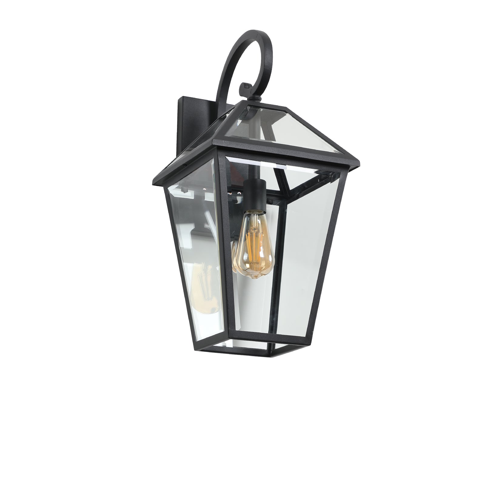 Black metal outdoor wall light with clear glass panels and vintage Edison bulb