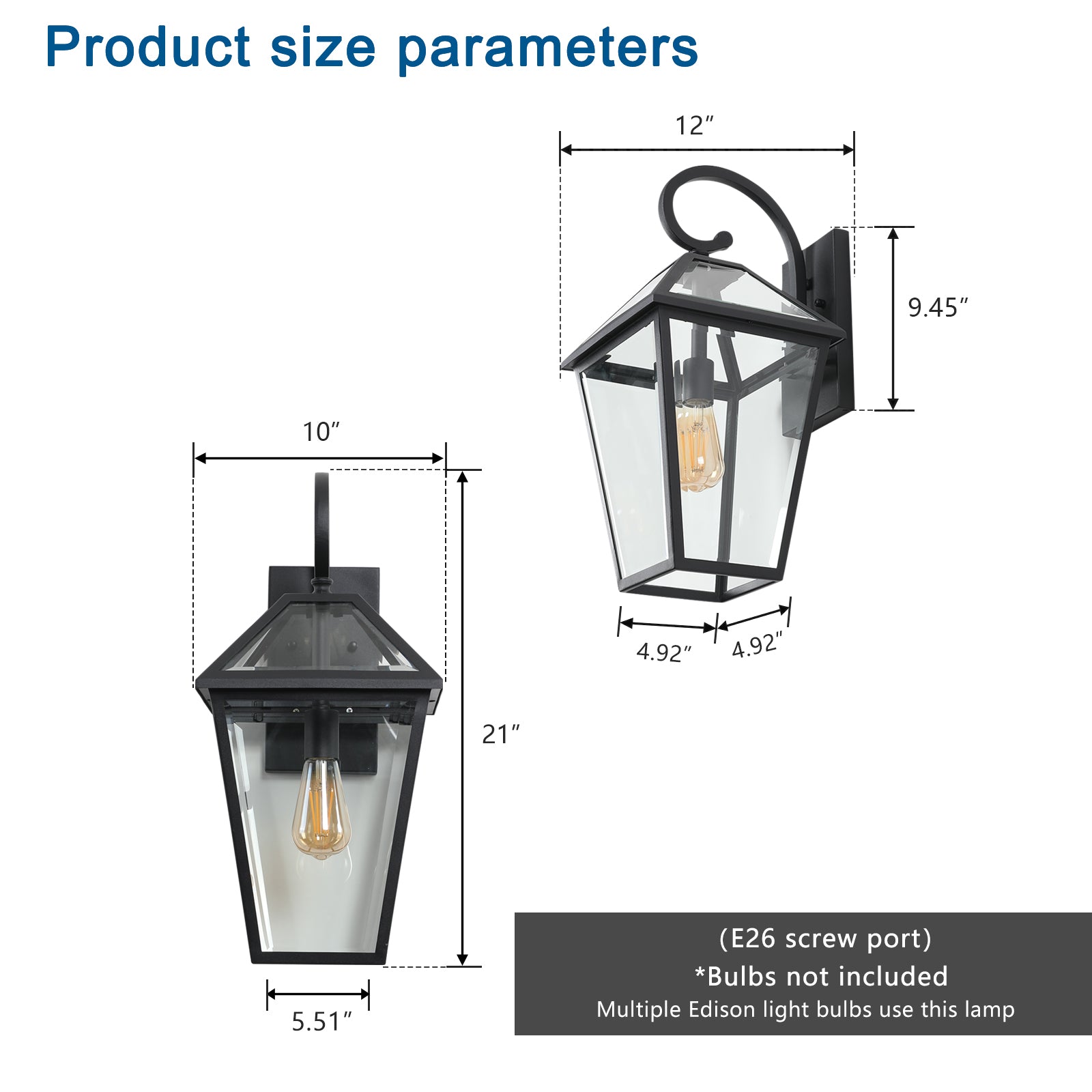 Black metal outdoor lantern with glass panels  height