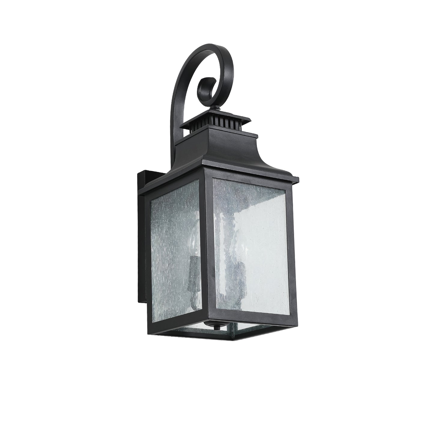 Black traditional outdoor wall lantern with seeded glass panels and scroll arm