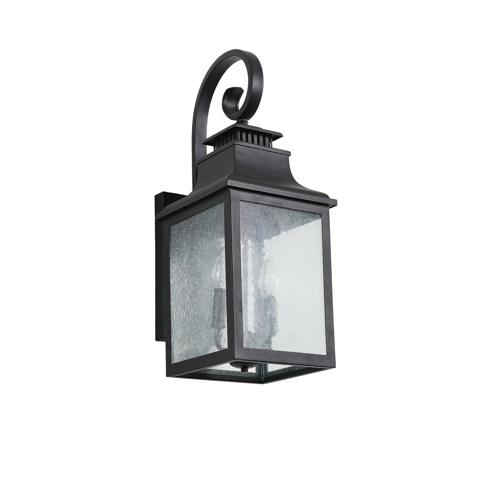 Black traditional outdoor wall lantern with seeded glass panels and scroll arm