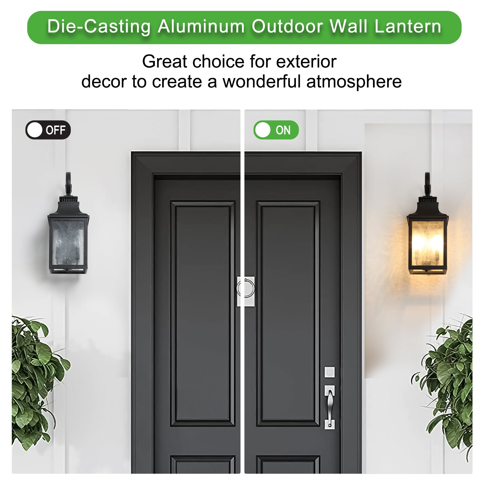 Black diecasting aluminum outdoor wall lantern with textured glass shown off