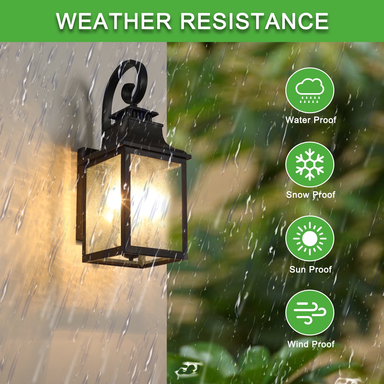 Black lantern wall light with textured glass showcasing outdoor weather resistance