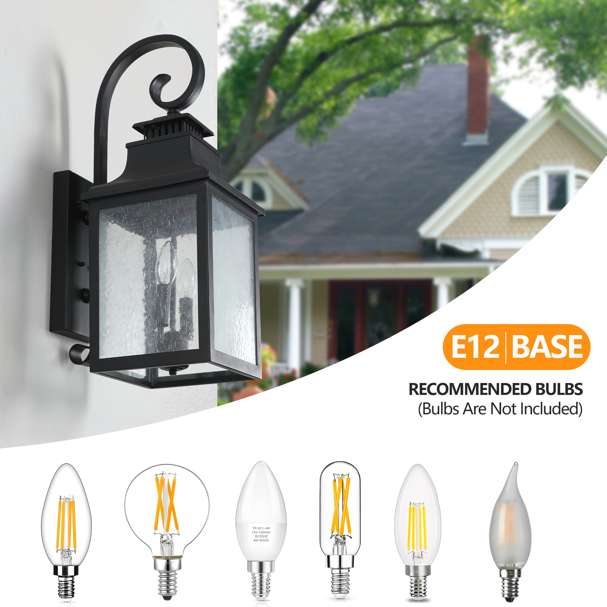 Black outdoor wall lantern with seeded glass and ornate scroll detail