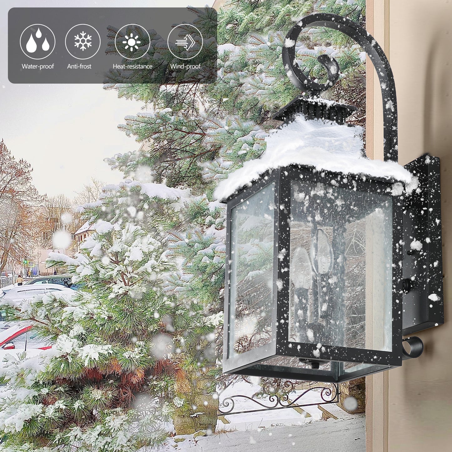 Black outdoor lantern with glass panels windproof design for exterior lighting
