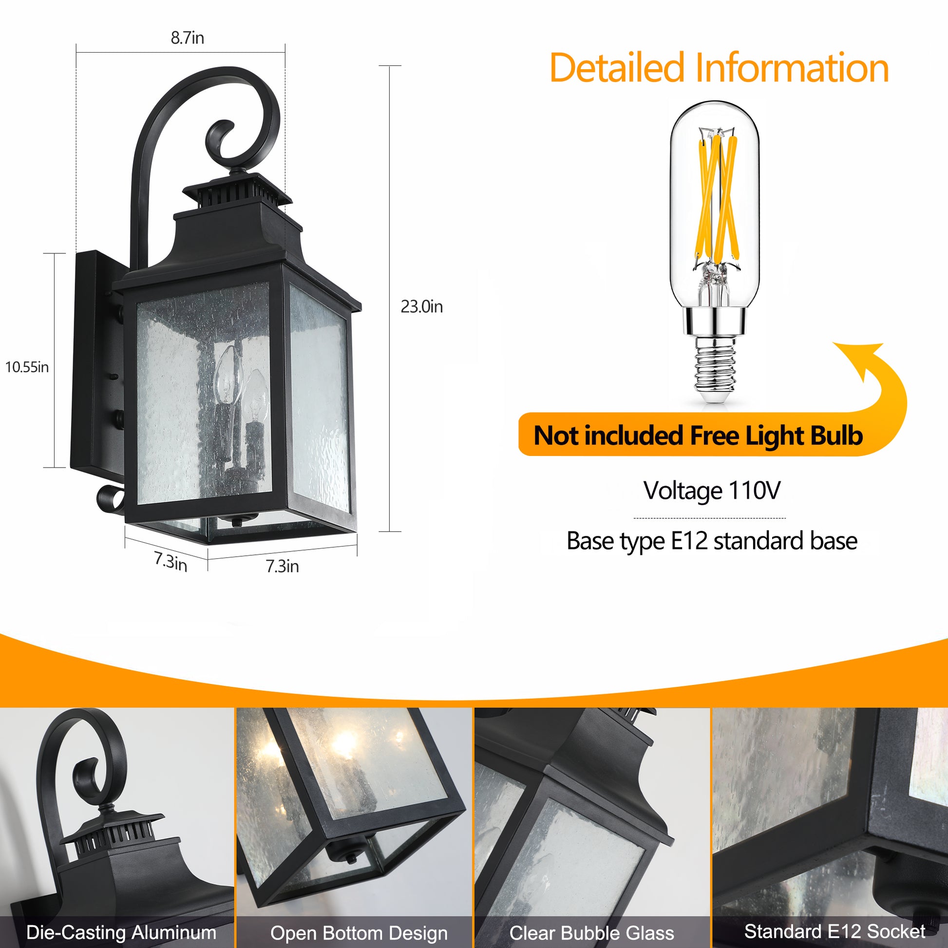 Black diecasting aluminum outdoor wall lantern with clear seeded glass panels and ornate scroll arm