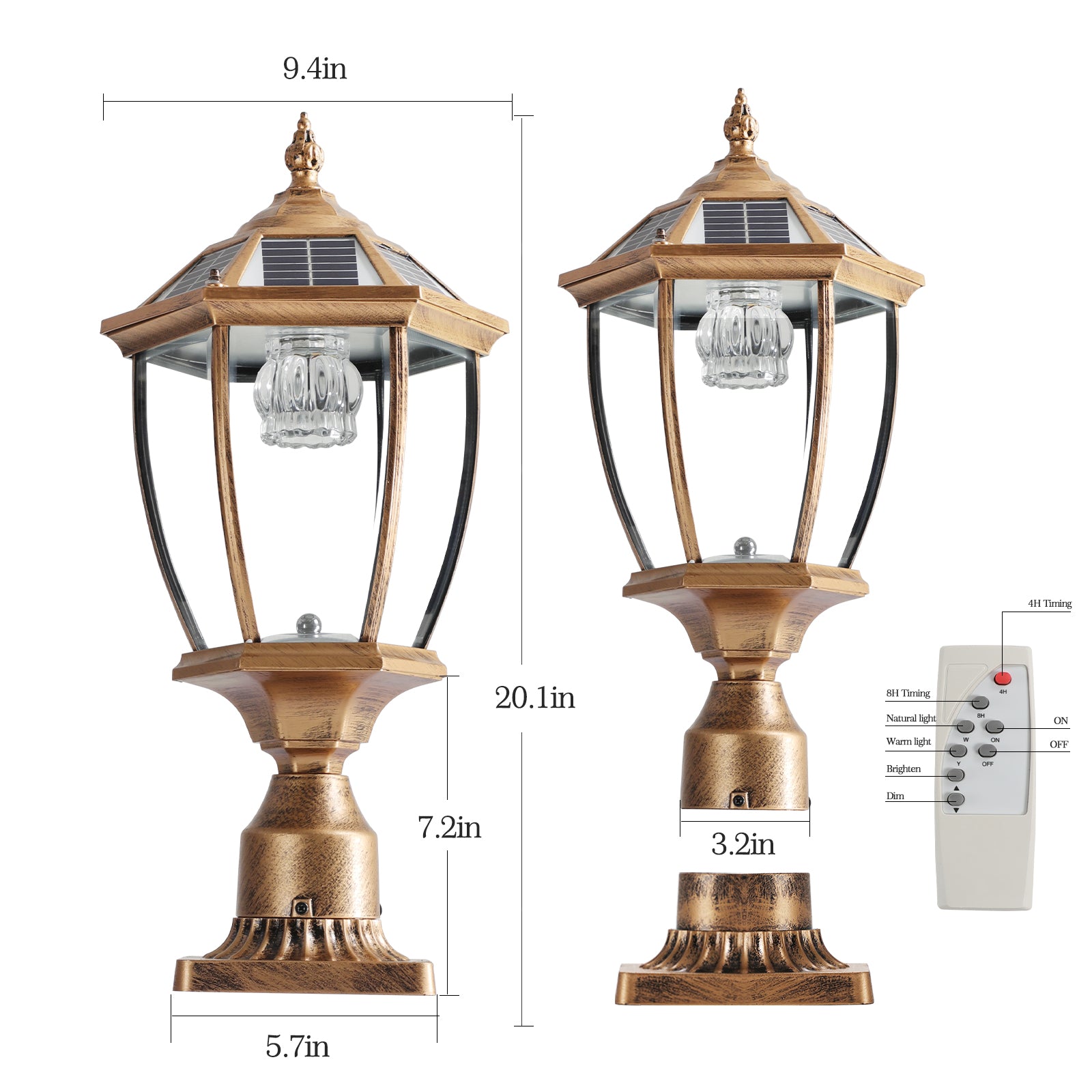 Antique gold solar post light with faceted glass and remote in height