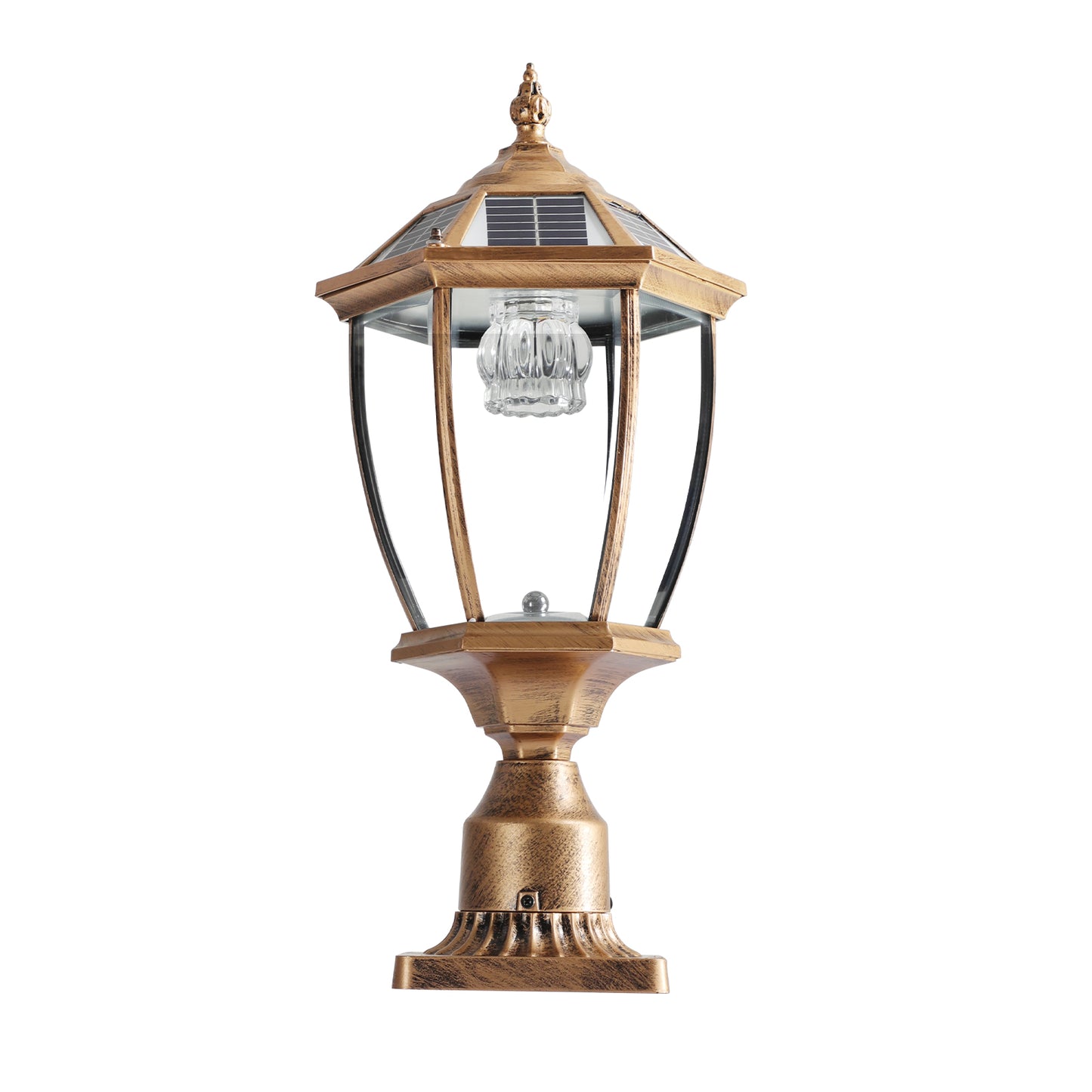Antique bronze outdoor solar post light with clear glass lantern and hexagonal solar panel top