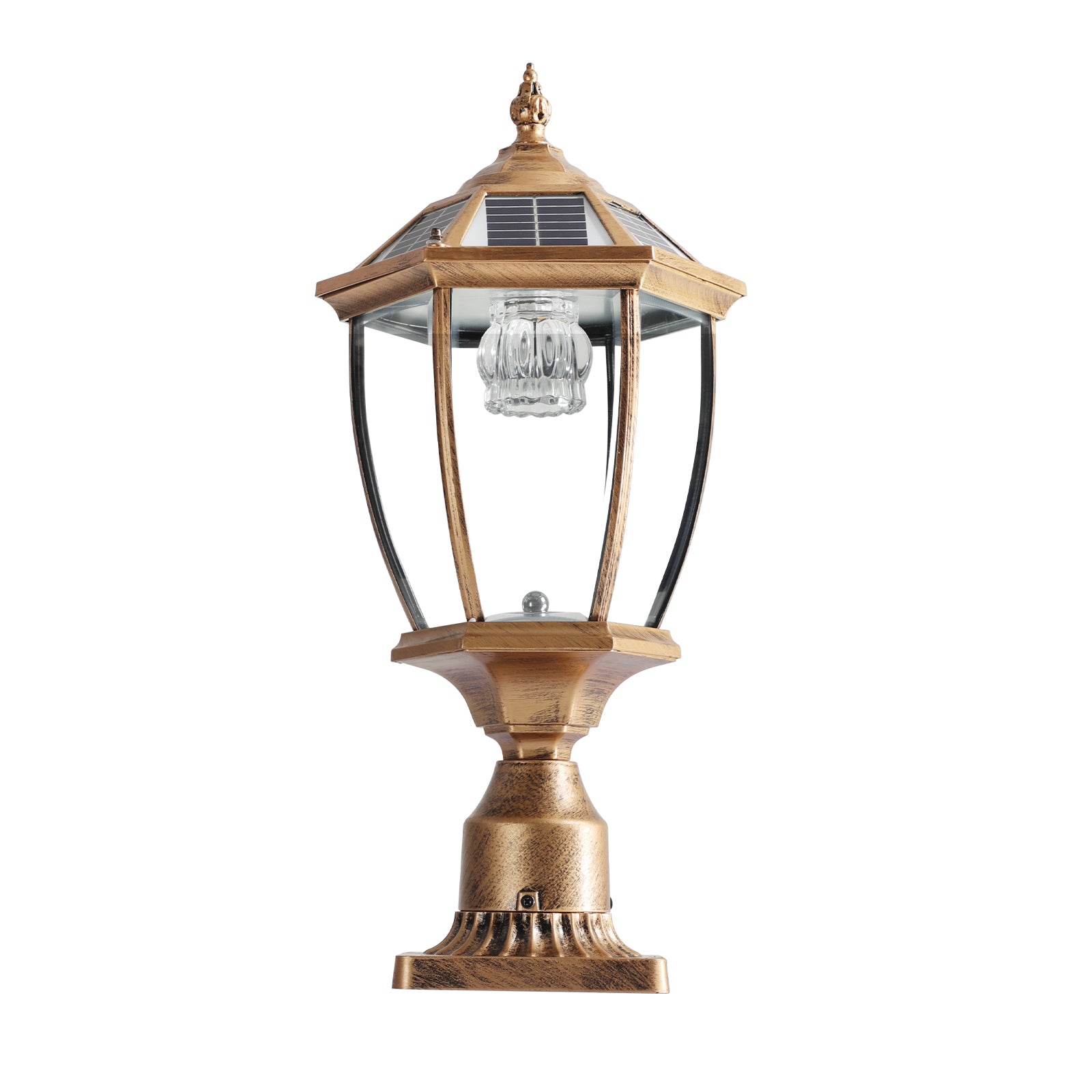 Antique bronze outdoor solar post light with clear glass lantern and hexagonal solar panel top