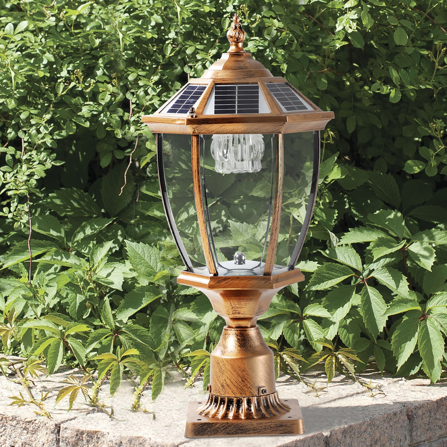 Bronze solar post light with glass panels and ornate finial ideal for garden lighting