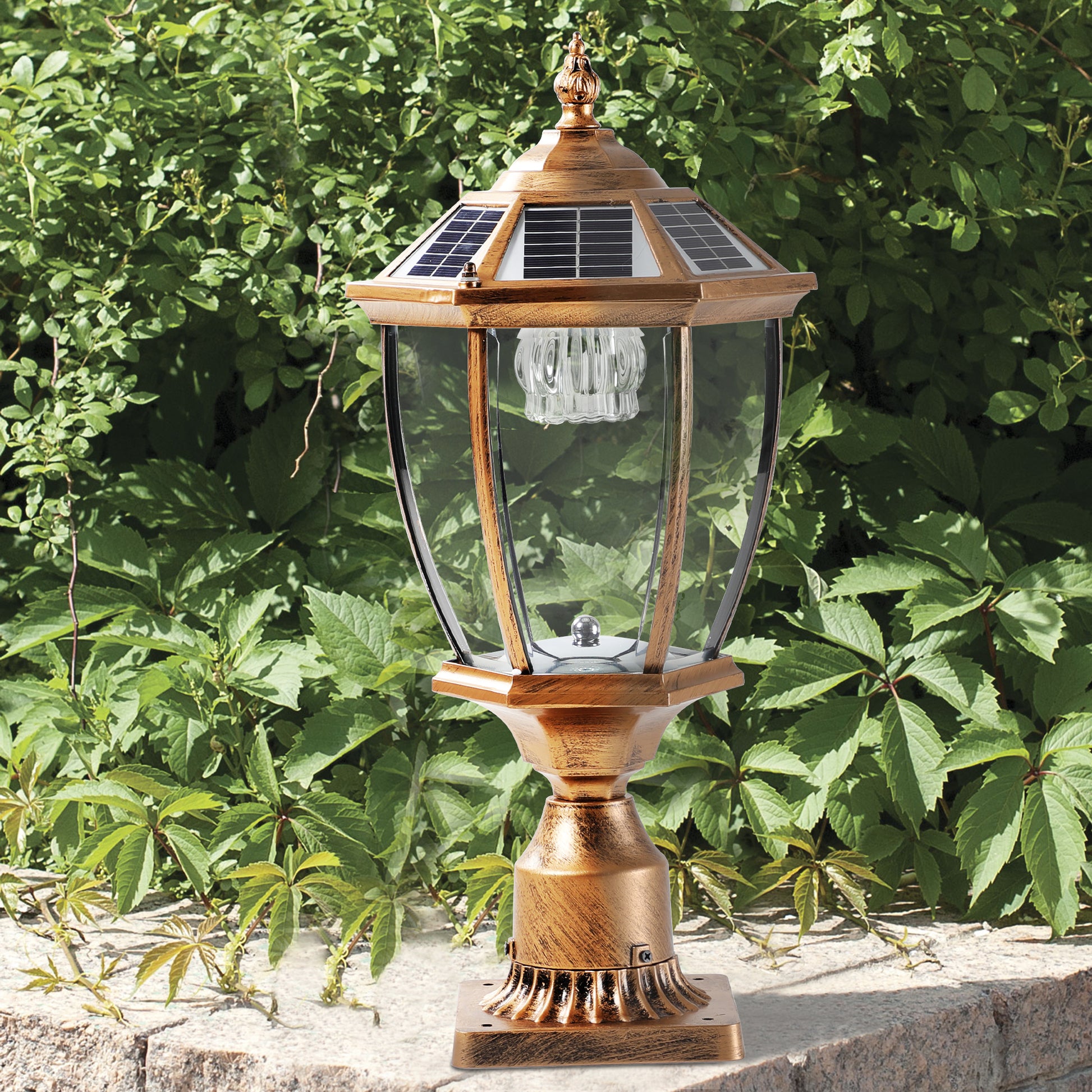 Bronze solar post light with glass panels and ornate finial ideal for garden lighting