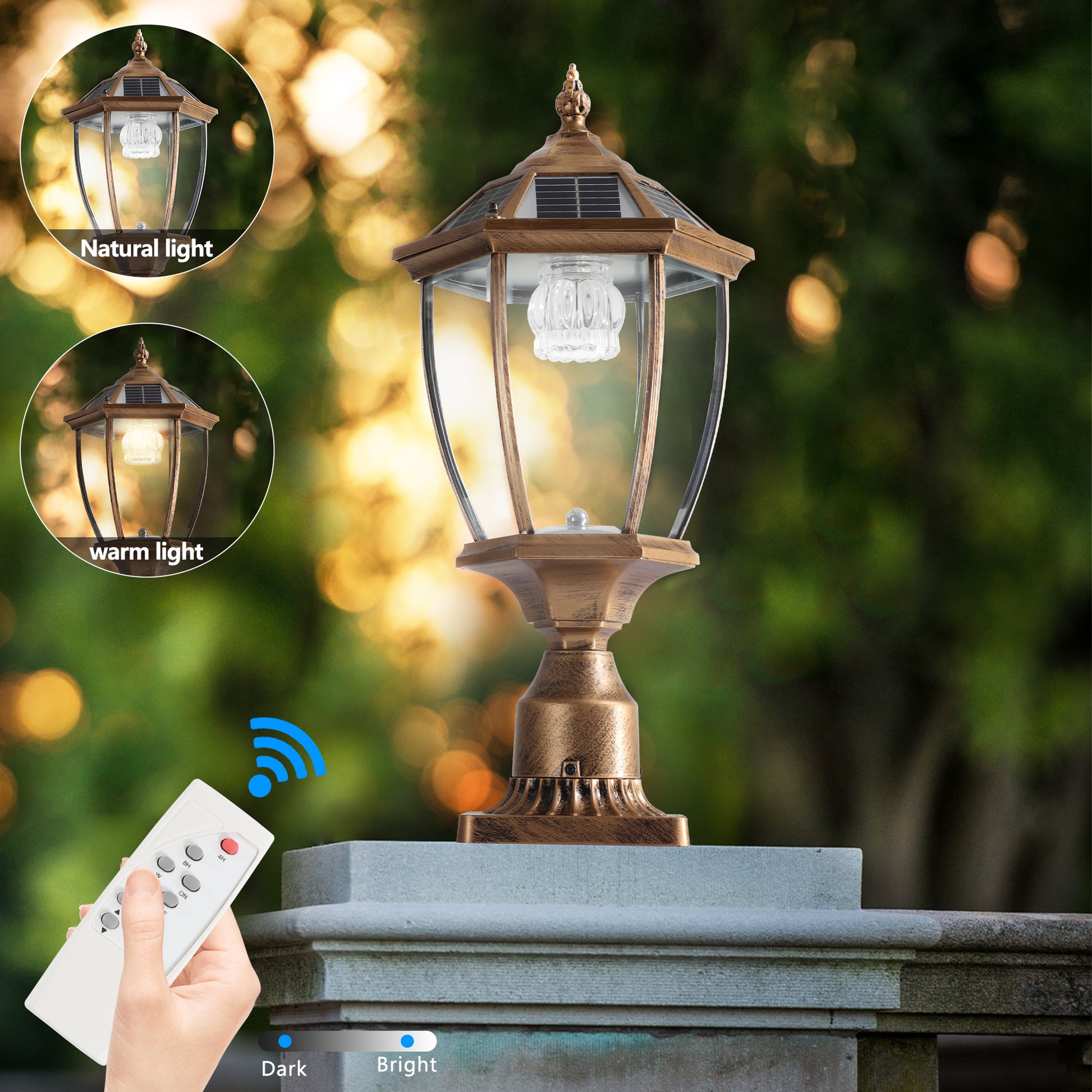 Bronze solarpowered fence post light with clear glass and decorative finial