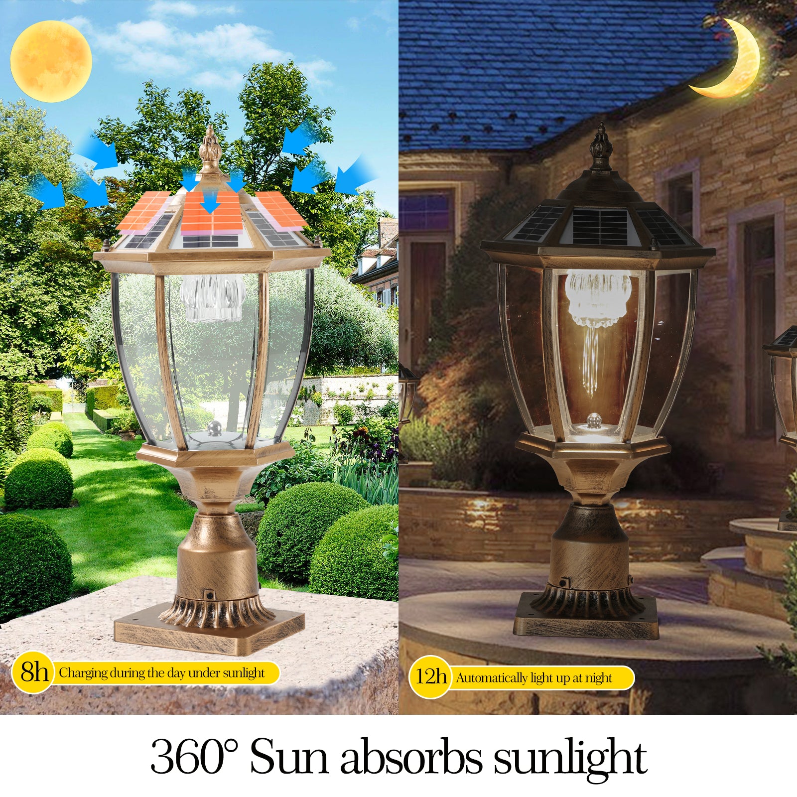 Antique bronze solar post light with clear glass panels and octagonal top