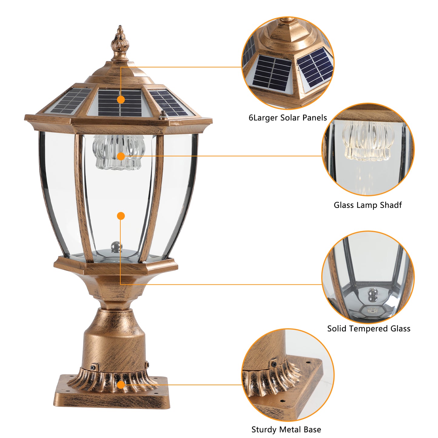 Antique gold post mount lamp with  larger solar panels and clear glass  characters