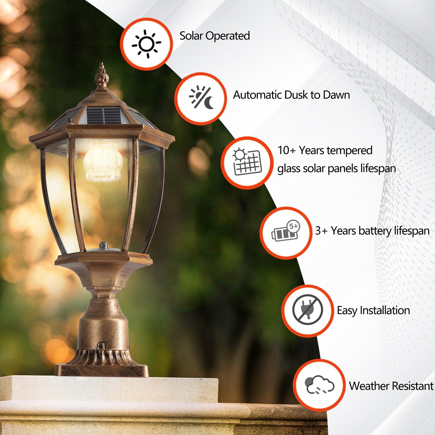 Bronze solar post light with glass panels automatically turns on at dusk