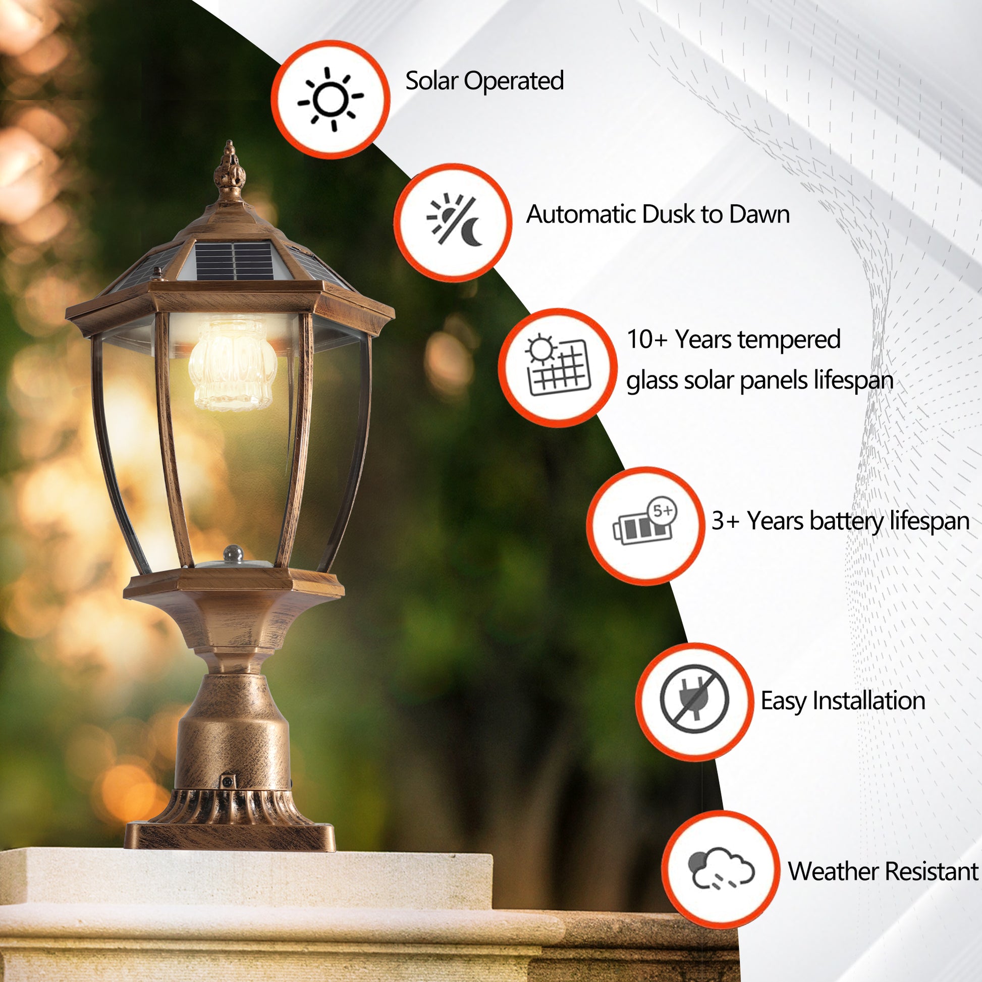 Bronze solar post light with glass panels automatically turns on at dusk