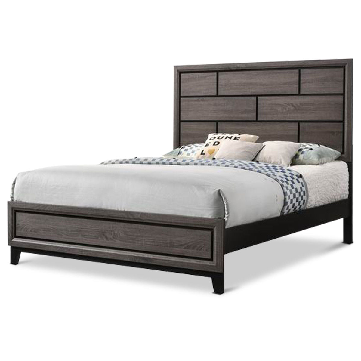 Modern grey wood panel headboard bed frame