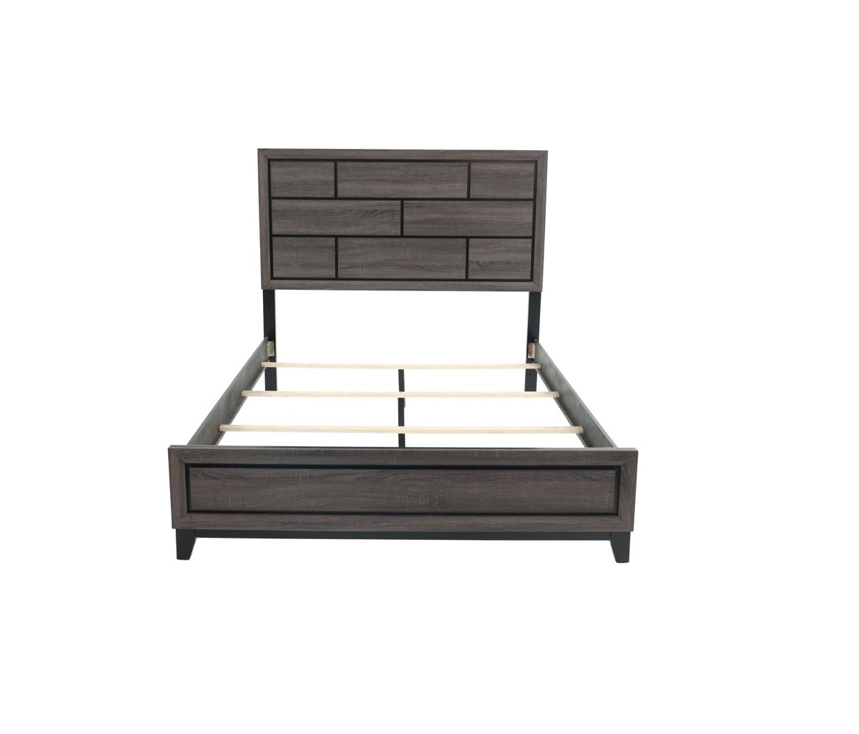 Modern dark wood platform bed with horizontal plank headboard