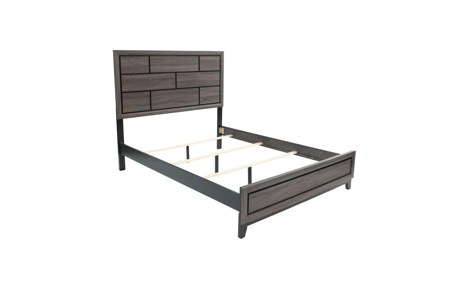 Modern grey wood grain queen bed frame with slatted support