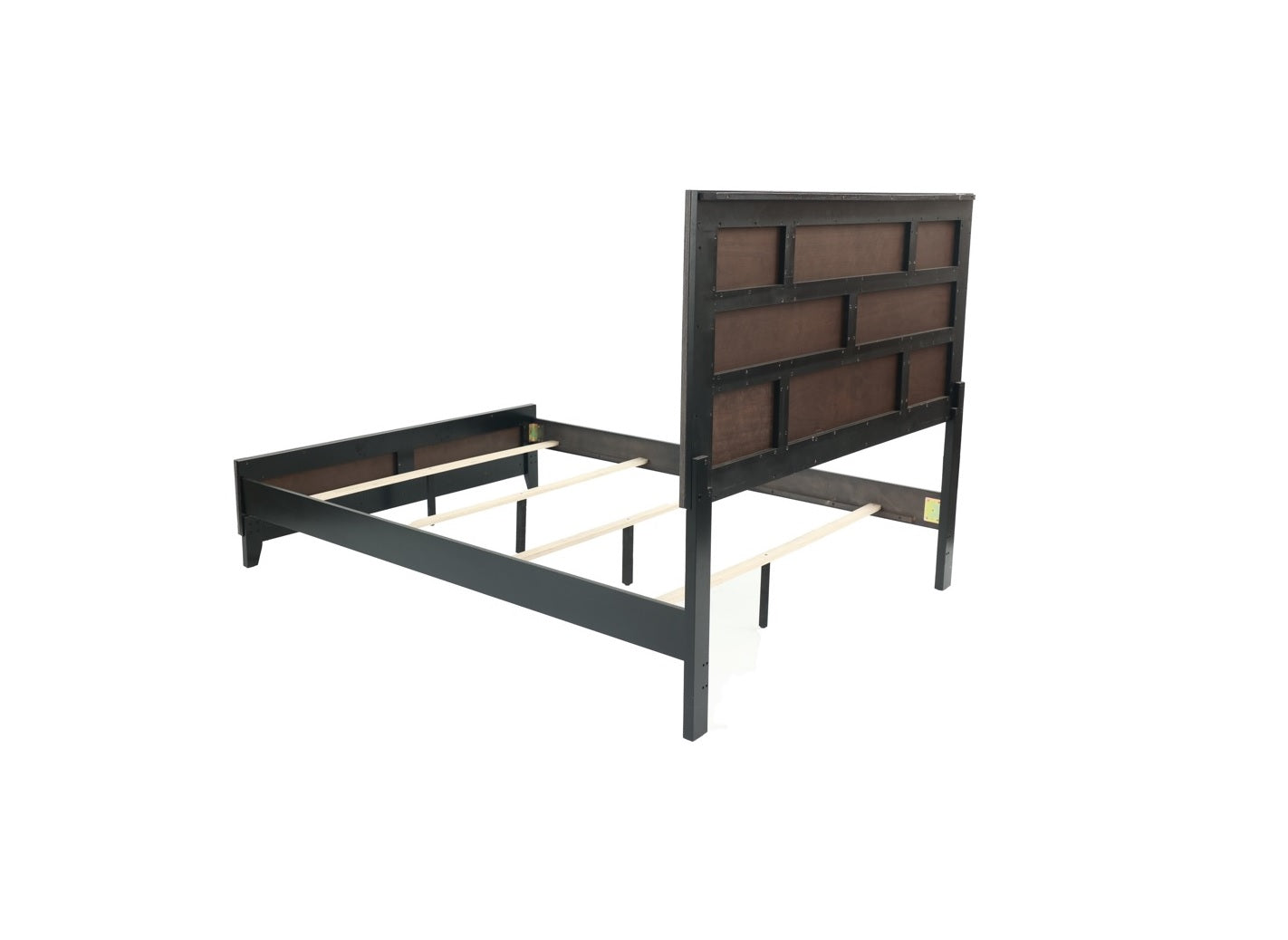 Dark brown wooden bed frame with a panel headboard and slatted platform