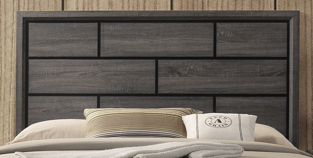 Dark grey wood plank headboard with black trim