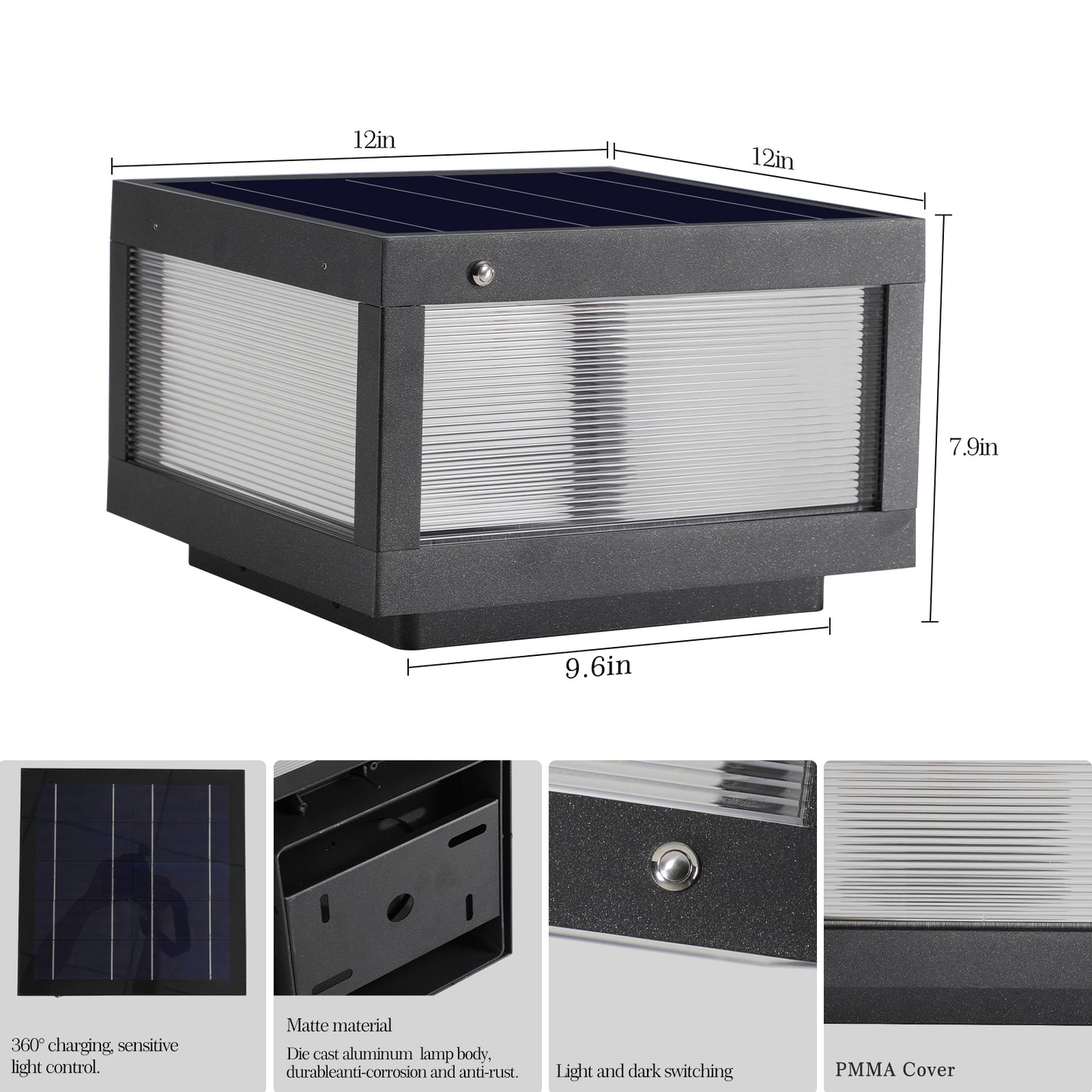 Modern black solar post cap light with frosted diffusion and solar panel