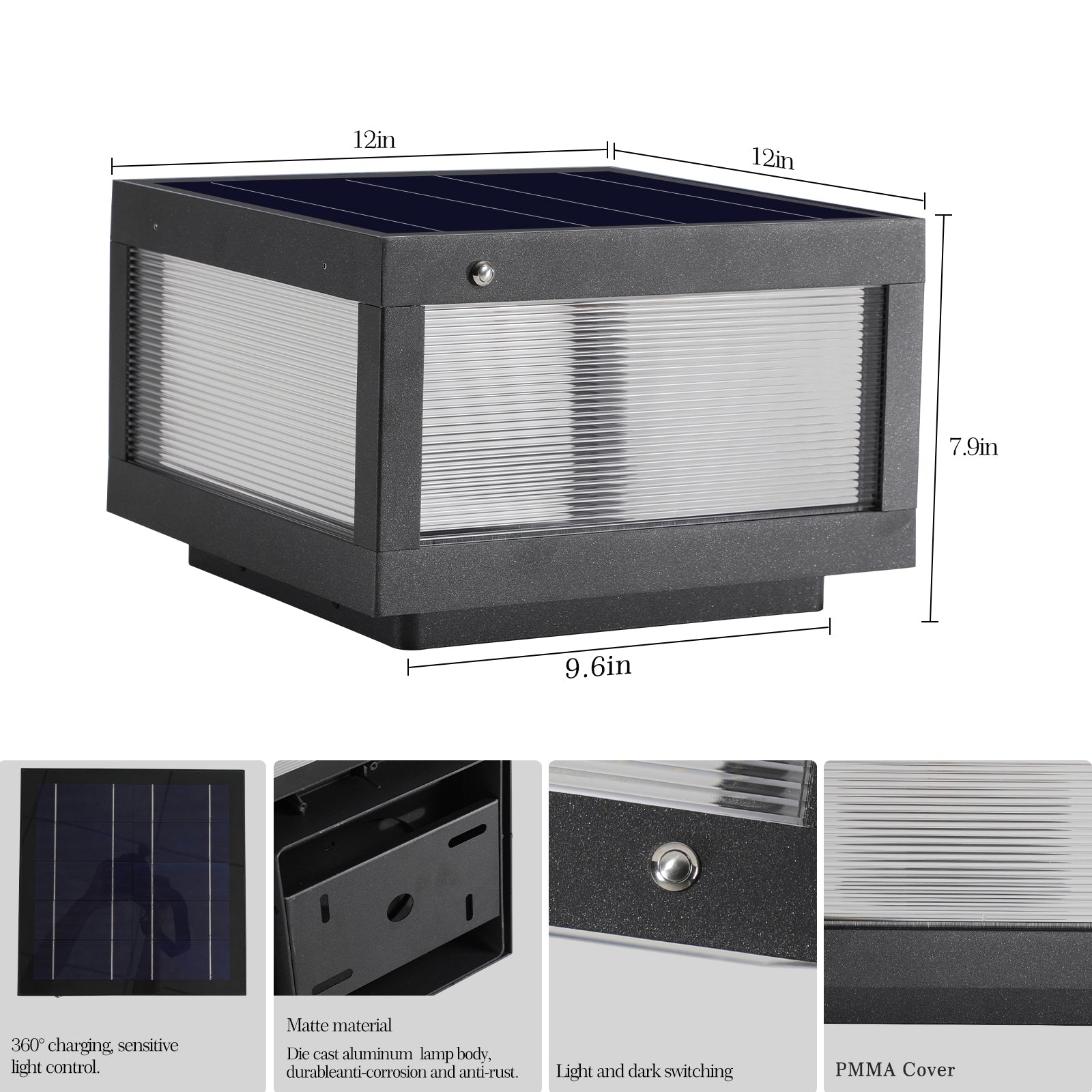 Modern black solar post cap light with frosted diffusion and solar panel