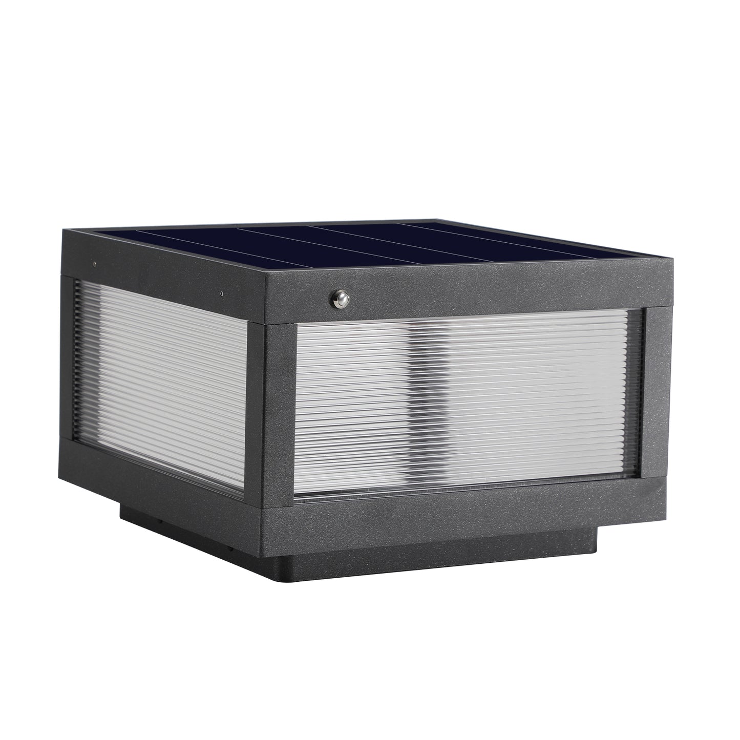Modern outdoor solar post light black metal frame ribbed clear glass panels