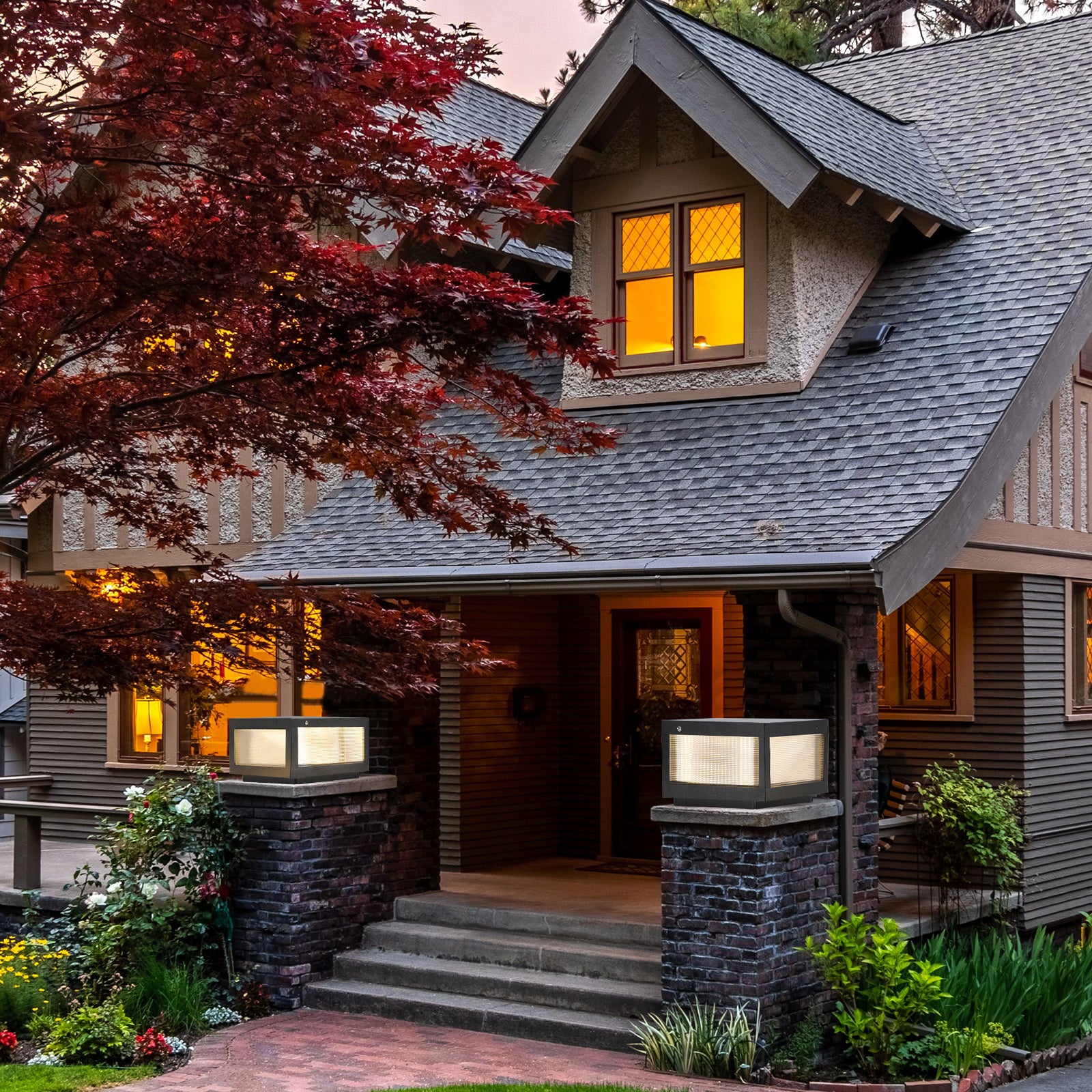 Modern black post light with frosted glass panels illuminating home entrance
