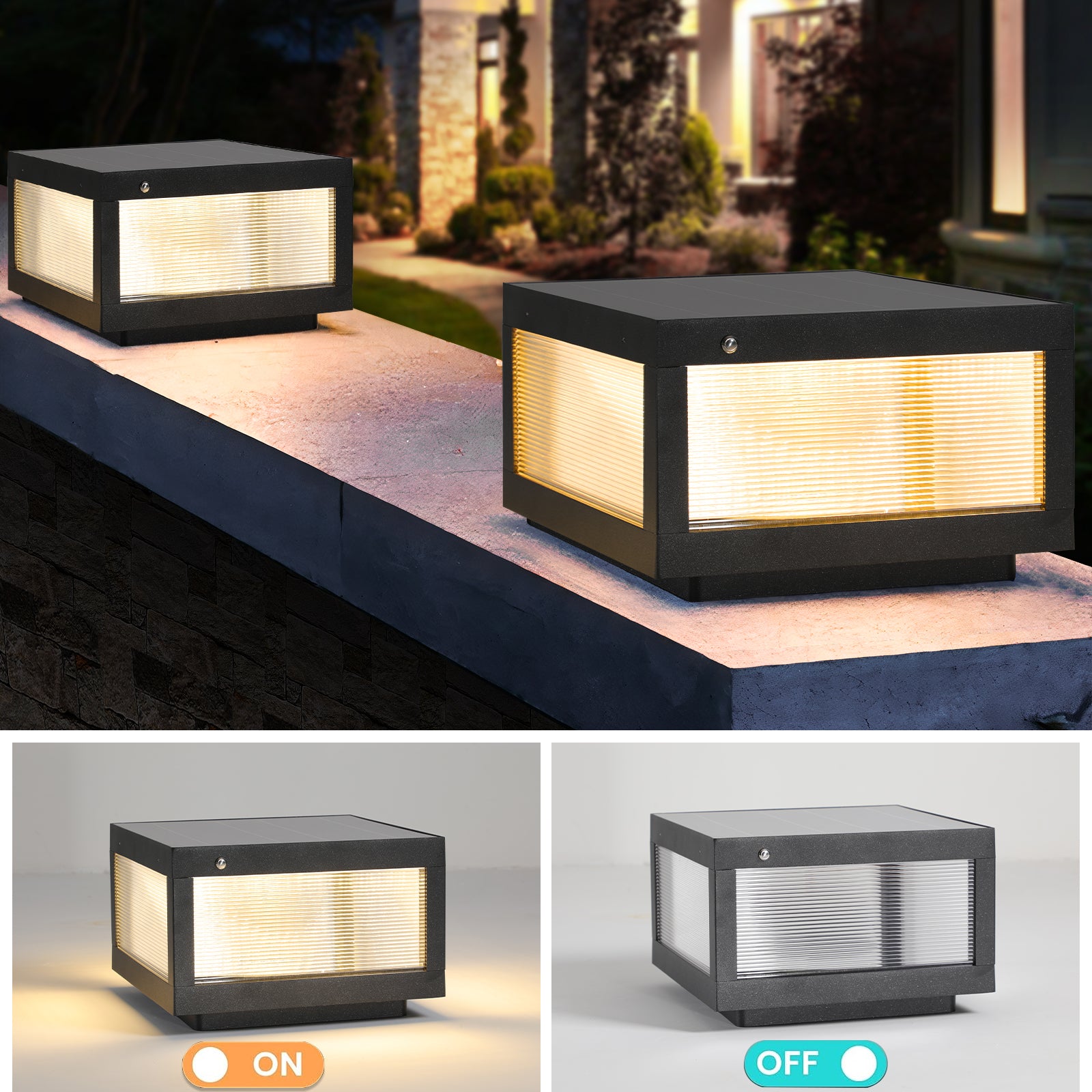 Black modern solar post cap light with frosted glass panels and warm LED illumination
