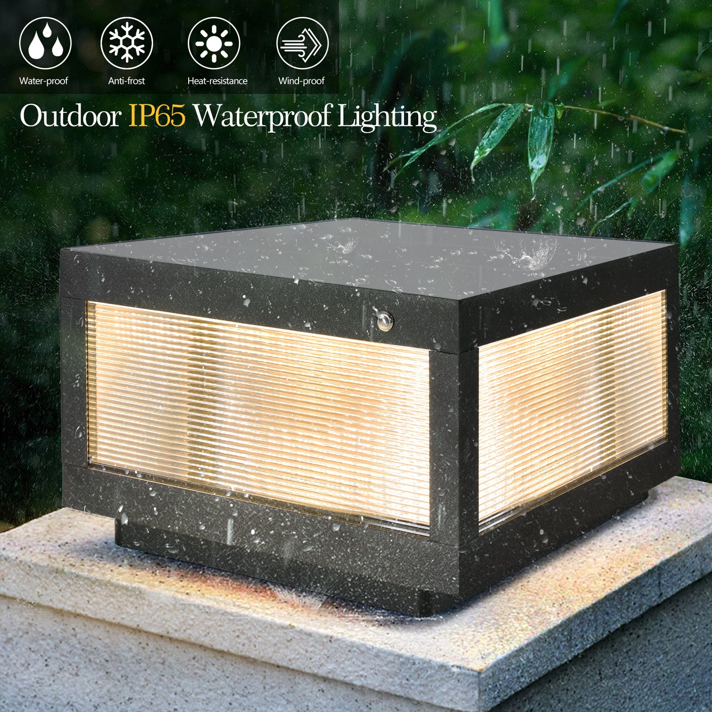 Modern black outdoor pillar light with textured glass and warm LED illumination