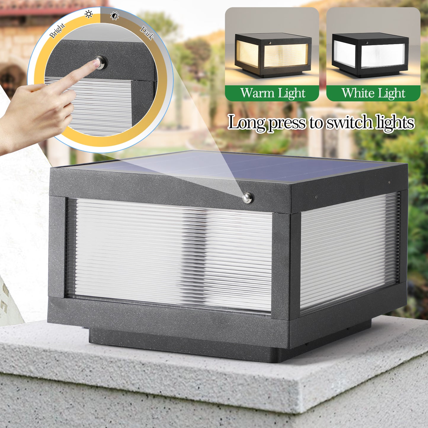 Modern gray solar fence post light with ribbed clear panels warm or white light